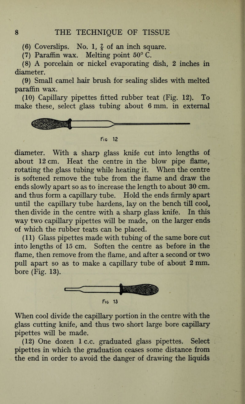 (6) Coverslips. No. 1, J of an inch square. (7) Paraffin wax. Melting point 50° C. (8) A porcelain or nickel evaporating dish, 2 inches in diameter. (9) Small camel hair brush for sealing slides with melted paraffin wax. (10) Capillary pipettes fitted rubber teat (Fig. 12). To make these, select glass tubing about 6 mm. in external Fig 12 diameter. With a sharp glass knife cut into lengths of about 12 cm. Heat the centre in the blow pipe flame, rotating the glass tubing while heating it. When the centre is softened remove the tube from the flame and draw the ends slowly apart so as to increase the length to about 30 cm. and thus form a capillary tube. Hold the ends firmly apart until the capillary tube hardens, lay on the bench till cool, then divide in the centre with a sharp glass knife. In this way two capillary pipettes will be made, on the larger ends of which the rubber teats can be placed. (11) Glass pipettes made with tubing of the same bore cut into lengths of 15 cm. Soften the centre as before in the flame, then remove from the flame, and after a second or two pull apart so as to make a capillary tube of about 2 mm. bore (Fig. 13). Fig 13 When cool divide the capillary portion in the centre with the glass cutting knife, and thus two short large bore capillary pipettes will be made. (12) One dozen 1 c.c. graduated glass pipettes. Select pipettes in which the graduation ceases some distance from the end in order to avoid the danger of drawing the liquids