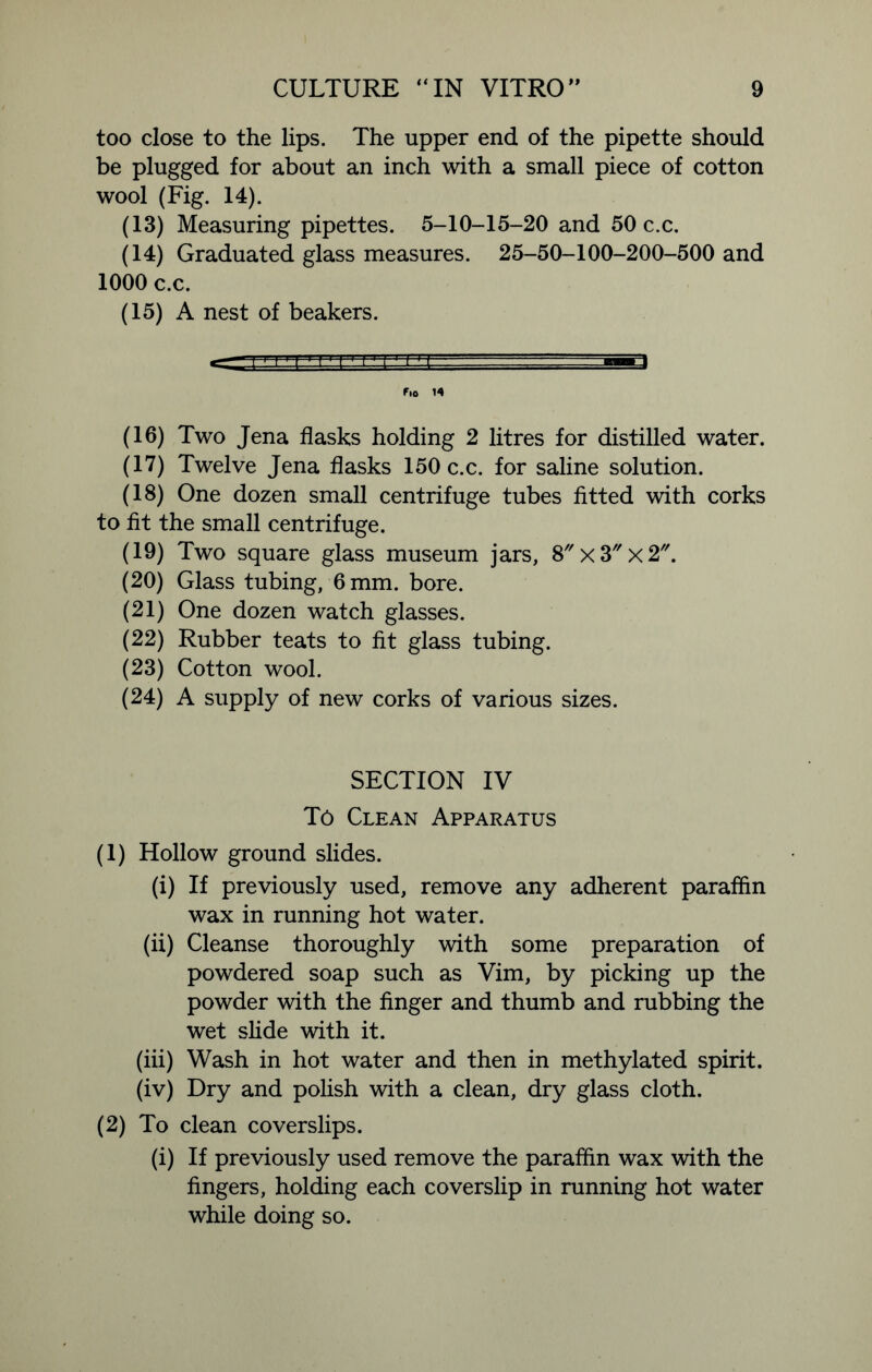 too close to the lips. The upper end of the pipette should be plugged for about an inch with a small piece of cotton wool (Fig. 14). (13) Measuring pipettes. 5-10-15-20 and 50 c.c. (14) Graduated glass measures. 25-50-100-200-500 and 1000 c.c. (15) A nest of beakers. <=i1 e i-tt i111 m' 1  ^ ^ Fio M (16) Two Jena flasks holding 2 litres for distilled water. (17) Twelve Jena flasks 150 c.c. for saline solution. (18) One dozen small centrifuge tubes fitted with corks to fit the small centrifuge. (19) Two square glass museum jars, 8x3/'x2. (20) Glass tubing, 6 mm. bore. (21) One dozen watch glasses. (22) Rubber teats to fit glass tubing. (23) Cotton wool. (24) A supply of new corks of various sizes. SECTION IV To Clean Apparatus (1) Hollow ground slides. (i) If previously used, remove any adherent paraffin wax in running hot water. (ii) Cleanse thoroughly with some preparation of powdered soap such as Vim, by picking up the powder with the finger and thumb and rubbing the wet slide with it. (iii) Wash in hot water and then in methylated spirit. (iv) Dry and polish with a clean, dry glass cloth. (2) To clean coverslips. (i) If previously used remove the paraffin wax with the fingers, holding each coverslip in running hot water while doing so.