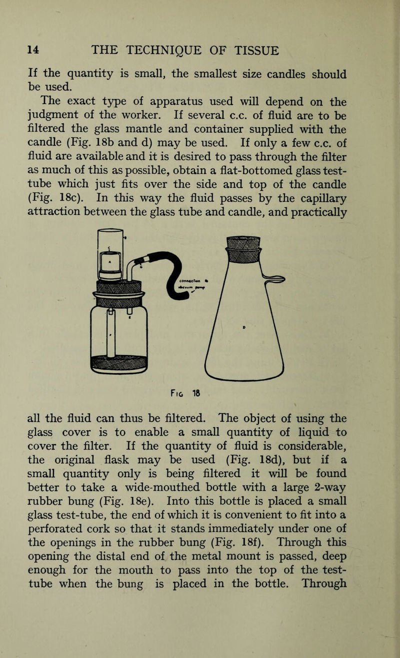 If the quantity is small, the smallest size candles should be used. The exact type of apparatus used will depend on the judgment of the worker. If several c.c. of fluid are to be filtered the glass mantle and container supplied with the candle (Fig. 18b and d) may be used. If only a few c.c. of fluid are available and it is desired to pass through the filter as much of this as possible, obtain a flat-bottomed glass test- tube which just fits over the side and top of the candle (Fig. 18c). In this way the fluid passes by the capillary attraction between the glass tube and candle, and practically Fig 18 all the fluid can thus be filtered. The object of using the glass cover is to enable a small quantity of liquid to cover the filter. If the quantity of fluid is considerable, the original flask may be used (Fig. 18d), but if a small quantity only is being filtered it will be found better to take a wide-mouthed bottle with a large 2-way rubber bung (Fig. 18e). Into this bottle is placed a small glass test-tube, the end of which it is convenient to fit into a perforated cork so that it stands immediately under one of the openings in the rubber bung (Fig. 18f). Through this opening the distal end of the metal mount is passed, deep enough for the mouth to pass into the top of the test- tube when the bung is placed in the bottle. Through