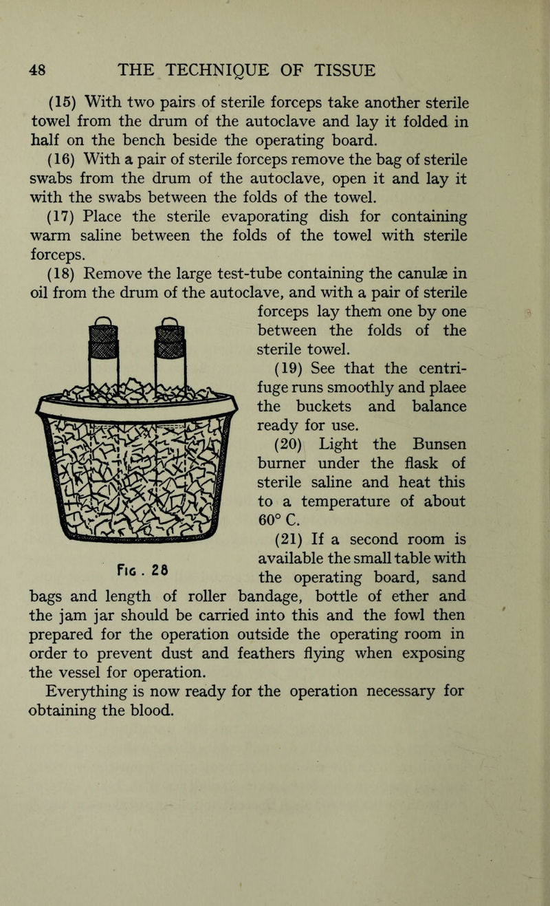 (15) With two pairs of sterile forceps take another sterile towel from the drum of the autoclave and lay it folded in half on the bench beside the operating board. (16) With a pair of sterile forceps remove the bag of sterile swabs from the drum of the autoclave, open it and lay it with the swabs between the folds of the towel. (17) Place the sterile evaporating dish for containing warm saline between the folds of the towel with sterile forceps. (18) Remove the large test-tube containing the canulae in oil from the drum of the autoclave, and with a pair of sterile forceps lay them one by one between the folds of the sterile towel. (19) See that the centri- fuge runs smoothly and plaee the buckets and balance ready for use. (20) Light the Bunsen burner under the flask of sterile saline and heat this to a temperature of about 60° C. (21) If a second room is available the small table with the operating board, sand bags and length of roller bandage, bottle of ether and the jam jar should be carried into this and the fowl then prepared for the operation outside the operating room in order to prevent dust and feathers flying when exposing the vessel for operation. Everything is now ready for the operation necessary for obtaining the blood. Fig . 28