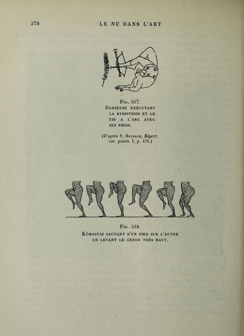 Fig. 517. Danseuse exécutant LA KYBISTÉSIS ET LE TIR A L’ARC AVEC SES PIEDS. (D’après S. Reinach, Répert. vas. peints. I, p. 473.) Fig. 518. Kômastai sautant d’un pied sur l’autre EN LEVANT LE GENOU TRÈS HAUT.