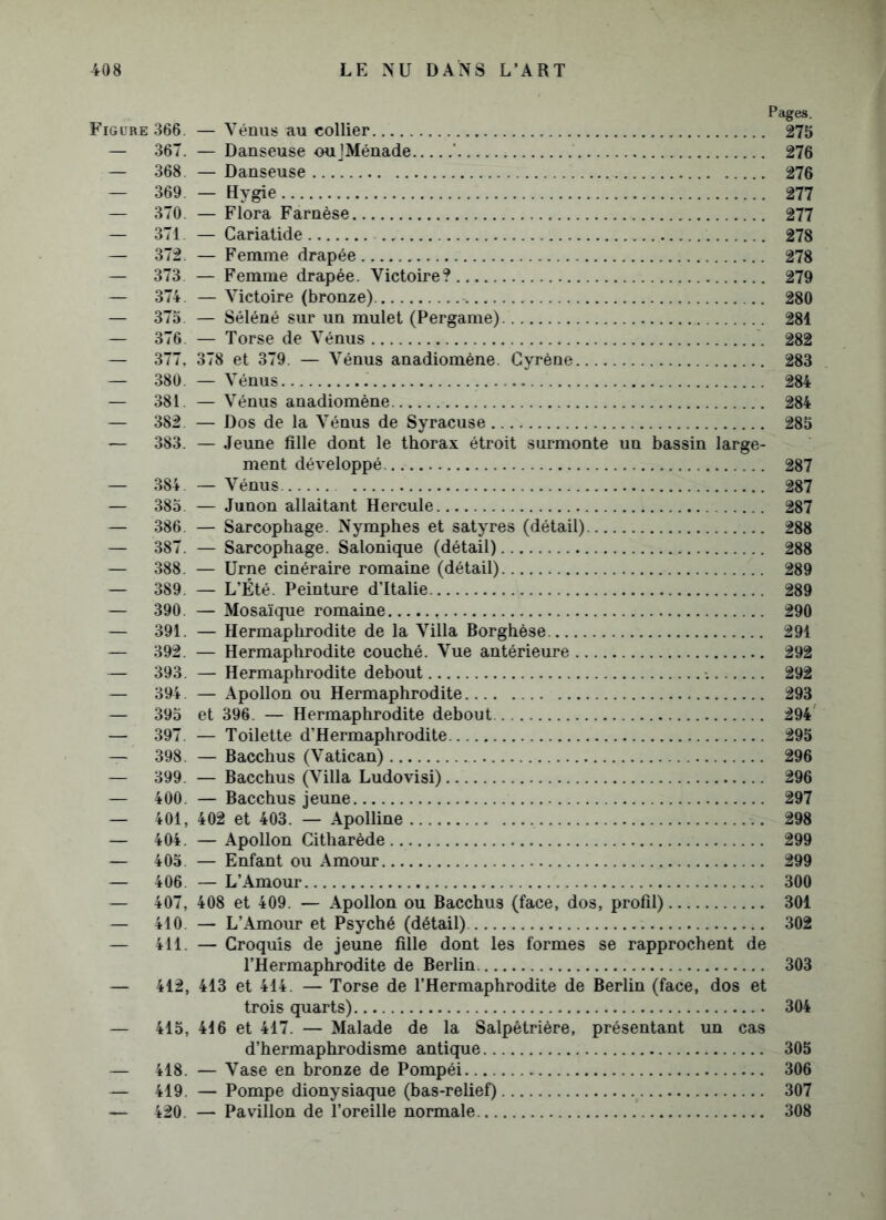 Pages. Figure 366. — Vénus au collier 275 — 367. — Danseuse ouJMénade ' 276 — 368. — Danseuse 276 — 369. — Hygie 277 — 370. — Flora Farnèse 277 — 371 — Cariatide 278 — 372. — Femme drapée 278 — 373. — Femme drapée. Victoire? 279 — 374 — Victoire (bronze) 280 — 375. — Séléné sur un mulet (Pergame) 281 — 376. — Torse de Vénus 282 — 377, 378 et 379. — Vénus anadiomène. Cyrène 283 — 380. — Vénus . 284 — 381. — Vénus anadiomène 284 — 382. — Dos de la Vénus de Syracuse 285 — 383. — Jeune fille dont le thorax étroit surmonte un bassin large- ment développé 287 — 384 — Vénus 287 — 385. — Junon allaitant Hercule 287 — 386. — Sarcophage. Nymphes et satyres (détail) 288 — 387. — Sarcophage. Salonique (détail) 288 — 388. — Urne cinéraire romaine (détail) 289 — 389. — L’Été. Peinture d’Italie 289 — 390. — Mosaïque romaine 290 — 391. — Hermaphrodite de la Villa Borghèse 291 — 392. — Hermaphrodite couché. Vue antérieure 292 — 393. — Hermaphrodite debout 292 — 394 — Apollon ou Hermaphrodite 293 — 395 et 396. — Hermaphrodite debout 294 — 397. — Toilette d’Hermaphrodite 295 — 398. — Bacchus (Vatican) 296 — 399. — Bacchus (Villa Ludovisi) 296 — 400. — Bacchus jeune 297 — 401, 402 et 403. — Apolline 298 — 404. —Apollon Citharède 299 — 405. — Enfant ou Amour 299 — 406. — L’Amour 300 — 407, 408 et 409. — Apollon ou Bacchus (face, dos, profil) 301 — 410. — L’Amour et Psyché (détail) 302 — 411. — Croquis de jeune fille dont les formes se rapprochent de l’Hermaphrodite de Berlin 303 — 412, 413 et 414. — Torse de l’Hermaphrodite de Berlin (face, dos et trois quarts) 304 — 415, 416 et 417. — Malade de la Salpêtrière, présentant un cas d’hermaphrodisme antique 305 — 418. — Vase en bronze de Pompéi. 306 — 419. — Pompe dionysiaque (bas-relief) 307 — 420. — Pavillon de l’oreille normale 308