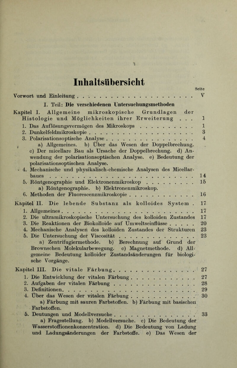 Inhaltsübersicht Seite Vorwort und Einleitung . V I. Teil: Die verschiedenen Untersucliungsmethoden Kapitel I. Allgemeine mikroskopische Grundlagen der Histologie und Möglichkeiten ihrer Erweiterung ... 1 1. Das Auflösungsvermögen des Mikroskops 1 2. Dunkelfeldmikroskopie 3 3. Polarisationsoptische Analyse 4 a) Allgemeines, b) Über das Wesen der Doppelbrechung, c) Der micellare Bau als Ursache der Doppelbrechung, d) An- wendung der polarisationsoptischen Analyse, e) Bedeutung der polarisationsoptischen Analyse. > 4. Mechanische und physikalisch-chemische Analysen des Micellar- baues 14 5. Röntgenographie und Elektronenmikroskop 15 a) Röntgenographie. b) Elektronenmikroskop. 6. Methoden der Fluorescenzmikroskopie 16 Kapitel II. Die lebende Substanz als kolloides System . 17 1. Allgemeines 17 2. Die ultramikroskopische Untersuchung des kolloiden Zustandes 17 3. Die Reaktionen der Biokolloide auf Umweltseinflüsse 20 4. Mechanische Analysen des kolloiden Zustandes der Strukturen 23 5. Die Untersuchung der Viscosität 23 a) Zentrifugiermethode. b) Berechnung auf Grund der Brownschen Molekularbewegung. c) Magnetmethode, d) All- gemeine Bedeutung kolloider Zustandsänderungen für biologi- sche Vorgänge. Kapitel III. Die vitale Färbung 27 1. Die Entwicklung der vitalen Färbung 27 2. Aufgaben der vitalen Färbung 28 3. Definitionen 29 4. Über das Wesen der vitalen Färbung 30 a) Färbung mit sauren Farbstoffen, b) Färbung mit basischen Farbstoffen. 5. Deutungen und Modellversuche 33 a) Fragestellung, b) Modellversuche, c) Die Bedeutung der Wasserstoffionenkonzentration. d) Die Bedeutung von Ladung und Ladungsänderungen der Farbstoffe, e) Das Wesen der