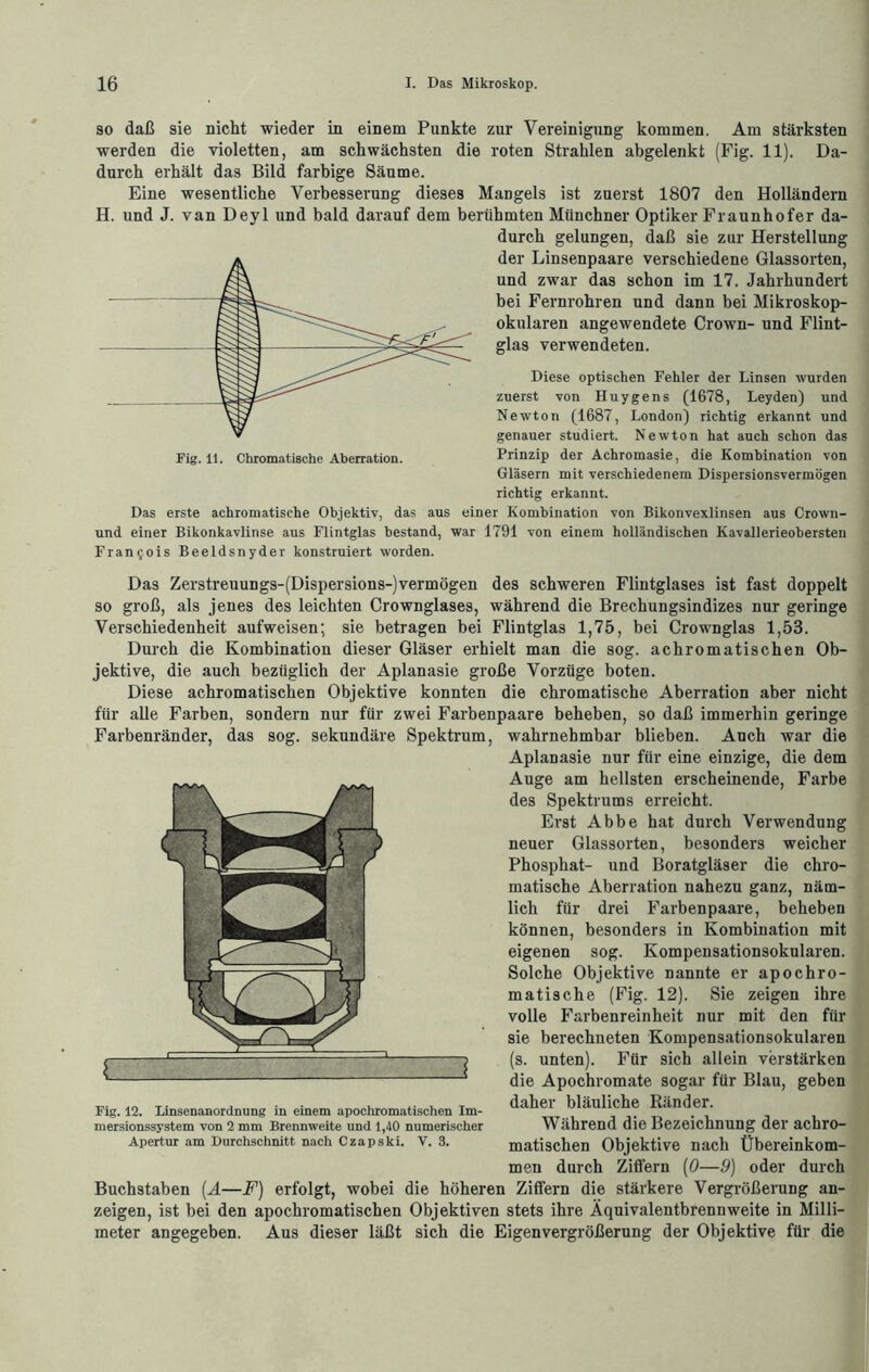 so daß sie nicht wieder in einem Punkte zur Vereinigung kommen. Am stärksten werden die violetten, am schwächsten die roten Strahlen abgelenkt (Fig. 11). Da- durch erhält das Bild farbige Sänme. Eine wesentliche Verbesserung dieses Mangels ist zuerst 1807 den Holländern H. und J. van Deyl und bald darauf dem berühmten Münchner Optiker Fraunhofer da- durch gelungen, daß sie zur Herstellung der Linsenpaare verschiedene Glassorten, und zwar das schon im 17. Jahrhundert bei Fernrohren und dann bei Mikroskop- okularen angewendete Crown- und Flint- glas verwendeten. Diese optischen Fehler der Linsen wurden zuerst von Huygens (1678, Leyden) und Newton (1687, London) richtig erkannt und genauer studiert. Newton hat auch schon das Prinzip der Achromasie, die Kombination von Gläsern mit verschiedenem Dispersionsvermögen richtig erkannt. Das erste achromatische Objektiv, das aus einer Kombination von Bikonvexlinsen aus Crown- und einer Bikonkavlinse aus Flintglas bestand, war 1791 von einem holländischen Kavallerieobersten Francois Beeldsnyder konstruiert worden. Das Zerstreuungs-(Dispersions-)vermögen des schweren Flintglases ist fast doppelt so groß, als jenes des leichten Crownglases, während die Brechungsindizes nur geringe Verschiedenheit aufweisen; sie betragen bei Flintglas 1,75, bei Crownglas 1,53. Durch die Kombination dieser Gläser erhielt man die sog. achromatischen Ob- jektive, die auch bezüglich der Aplanasie große Vorzüge boten. Diese achromatischen Objektive konnten die chromatische Aberration aber nicht für alle Farben, sondern nur für zwei Farbenpaare beheben, so daß immerhin geringe wahrnehmbar blieben. Auch war die Aplanasie nur für eine einzige, die dem Auge am hellsten erscheinende, Farbe des Spektrums erreicht. Erst Abbe hat durch Verwendung neuer Glassorten, besonders weicher Phosphat- und Boratgläser die chro- matische Aberration nahezu ganz, näm- lich für drei Farbenpaare, beheben können, besonders in Kombination mit eigenen sog. Kompensationsokularen. Solche Objektive nannte er apochro- matische (Fig. 12). Sie zeigen ihre volle Farbenreinheit nur mit den für sie berechneten Kompensationsokularen (s. unten). Für sich allein verstärken die Apochromate sogar für Blau, geben daher bläuliche Ränder. Während die Bezeichnung der achro- matischen Objektive nach Übereinkom- men durch Ziffern (0—9) oder durch Buchstaben (A—F) erfolgt, wobei die höheren Ziffern die stärkere Vergrößerung an- zeigen, ist bei den apochromatischen Objektiven stets ihre Äquivalentbrennweite in Milli- meter angegeben. Aus dieser läßt sich die Eigenvergrößerung der Objektive für die Farbenränder, das sog. sekundäre Spektrum, Fig. 12. Linsenanordnung in einem apochromatischen Im- mersionssystem von 2 mm Brennweite und 1,40 numerischer Apertur am Durchschnitt nach Czapski. V. 3.