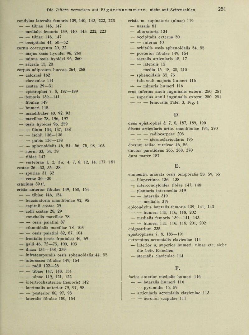condylus lateralis femoris 139, 140, 143, 222, 223 tibiae 146, 147 — medialis femoris 139, 140, 143, 222, 223 — — tibiae 146, 147 — occipitalis 44, 50—52 cornu coccygeum 20, 22 — majus ossis hyoidei 96, 260 — minus ossis hyoidei 96, 260 — sacrale 15, 20 corpus adiposum buccae 264, 268 — calcanei 162 — claviculae 114 — costae 29—31 — epistrophei 7, 8, 187—189 — femoris 139—141 — fibulae 149 — humeri 115 — mandibulae 40, 92, 93 — maxillae 78, 196, 197 — ossis hyoidei 96, 259 ilium 134, 137, 138 ischii 136—138 — — pubis 136—138 — — sphenoidalis 46, 54—56, 75, 98, 103 — sterni 33, 34, 38 — tibiae 147 — vertebrae 1, 2, 3a, 4, 7, 8, 12, 14, 177, 181 costae 26—32, 35—38 — spuriae 31, 32 — verae 26—30 cranium 39 ff. crista anterior fibulae 149, 150, 154 — — tibiae 146, 154 — buccinatoria mandibulae 92, 95 — capituli costae 29 — colli costae 28, 29 — conchalis maxillae 78 — — ossis palatini 87 — ethmoidalis maxillae 78, 103 — — ossis palatini 82, 87, 104 — frontalis (ossis frontalis) 46, 69 — galli 46, 72—75, 100, 103 — iliaca 134—138, 239 — infratemporalis ossis sphenoidalis 44, 55 — interossea fibulae 149, 154 radii 122—25 tibiae 147, 148, 154 ulnae 119, 121, 122 — intertrochanterica (femoris) 142 — lacrimalis anterior 79, 97, 98 — — posterior 80, 97, 98 — lateralis fibulae 150, 154 crista m. supinatoris (ulnae) 119 — nasalis 81 — obturatoria 134 — occipitalis externa 50 — — interna 40 — orbitalis ossis sphenoidalis 54, 55 — posterior fibulae 149, 154 — sacralis articularis 15, 17 — — lateralis 15 media 15, 18, 20, 210 — sphenoidalis 55, 75 — tuberculi majoris humeri 116 — — minoris humeri 116 crus inferius anuli inguinalis externi 250, 251 — superius anuli inguinalis externi 250, 251 — — — femoralis Tafel 3, Fig. 1 D. dens epistrophei 3, 7, 8, 187, 189, 190 discus articularis artic. mandibulae 194, 270 — — — radiocarpeae 205 — — — Stern oclavicularis 195 dorsum sellae turcicae 46, 56 ductus parotideus 265, 268, 270 dura mater 187 E. eminentia arcuata ossis temporalis 58, 59, 65 — iliopectinea 136—138 — intercondyloidea tibiae 147, 148 — plantaris intermedia 319 — — lateralis 319 — — medialis 319 epicondylus lateralis femoris 139, 141, 143 — — humeri 115, 116, 118, 202 — medialis femoris 139—141, 143 humeri i 15, 116, 118, 201, 202 epigastrium 235 epistropheus 7, 8, 185—191 extremitas acromialis claviculae 114 — inferior s. superior humeri, ulnae etc. siehe die betr. Knochen — sternalis claviculae 114 F. facies anterior medialis humeri 116 — — lateralis humeri 116 — — pyramidis 46, 59 — articularis acromialis claviculae 113 — — acromii scapulae 111
