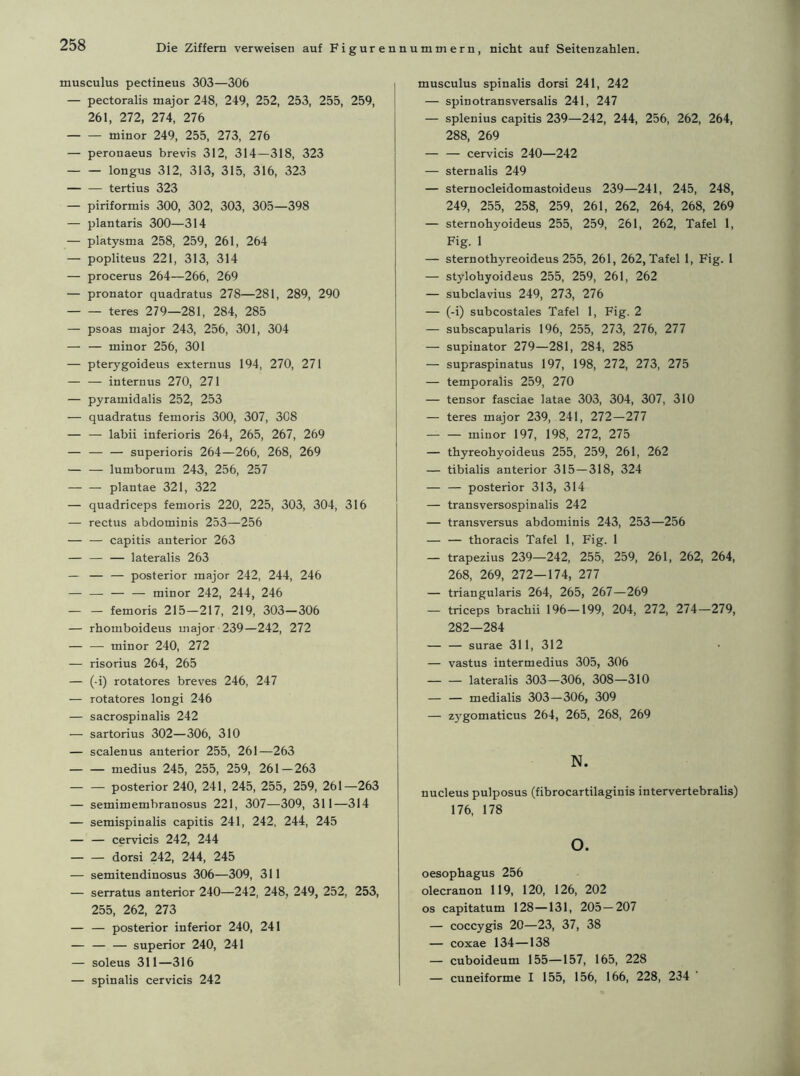 musculus pectineus 303—306 I — pectoralis major 248, 249, 252, 253, 255, 259, 261, 272, 274, 276 minor 249, 255, 273, 276 — peronaeus brevis 312, 314—318, 323 longus 312, 313, 315, 316, 323 tertius 323 — piriformis 300, 302, 303, 305—398 — plantaris 300—314 — platysma 258, 259, 261, 264 — popliteus 221, 313, 314 — procerus 264—266, 269 — pronator quadratus 278—281, 289, 290 teres 279—281, 284, 285 — psoas major 243, 256, 301, 304 — — minor 256, 301 — pterygoideus externus 194, 270, 271 — — internus 270, 271 — pyramidalis 252, 253 — quadratus femoris 300, 307, 308 — — labii inferioris 264, 265, 267, 269 — — — superioris 264—266, 268, 269 — — lumborum 243, 256, 257 — — plantae 321, 322 — quadriceps femoris 220, 225, 303, 304, 316 — rectus abdominis 253—256 — — capitis anterior 263 — — — lateralis 263 — — — posterior major 242, 244, 246 — — — — minor 242, 244, 246 femoris 215—217, 219, 303—306 — rhomboideus major 239—242, 272 — — minor 240, 272 — risorius 264, 265 — (-i) rotatores breves 246, 247 — rotatores longi 246 — sacrospinalis 242 — sartorius 302—306, 310 — scalenus anterior 255, 261—263 — — medius 245, 255, 259, 261—263 posterior 240, 241, 245, 255, 259, 261—263 — semimembranosus 221, 307—309, 311—314 — semispinalis capitis 241, 242, 244, 245 — — cervicis 242, 244 dorsi 242, 244, 245 — semitendinosus 306—309, 311 — serratus anterior 240—242, 248, 249, 252, 253, 255, 262, 273 — — posterior inferior 240, 241 — — — superior 240, 241 — soleus 311—316 — spinalis cervicis 242 musculus spinalis dorsi 241, 242 — spinotransversalis 241, 247 — splenius capitis 239—242, 244, 256, 262, 264, 288, 269 — — cervicis 240—242 — Stern alis 249 — sternocleidomastoideus 239—241, 245, 248, 249, 255, 258, 259, 261, 262, 264, 268, 269 — sternohyoideus 255, 259, 261, 262, Tafel 1, Fig. 1 — sternothyreoideus 255, 261, 262, Tafel 1, Fig. 1 — stylohyoideus 255, 259, 261, 262 — subclavius 249, 273, 276 — (-i) subcostales Tafel 1, Fig. 2 — subscapularis 196, 255, 273, 276, 277 — supinator 279—281, 284, 285 — supraspinatus 197, 198, 272, 273, 275 — temporalis 259, 270 — tensor fasciae latae 303, 304, 307, 310 — teres major 239, 241, 272—277 minor 197, 198, 272, 275 — thyreohyoideus 255, 259, 261, 262 — tibialis anterior 315—318, 324 — — posterior 313, 314 — transversospinalis 242 — transversus abdominis 243, 253—256 — — thoracis Tafel 1, Fig. 1 — trapezius 239—242, 255, 259, 261, 262, 264, 268, 269, 272—174, 277 — triangularis 264, 265, 267—269 — triceps brachii 196—199, 204, 272, 274—279, 282—284 — — surae 311, 312 — vastus intermedius 305, 306 — — lateralis 303—306, 308—310 — — medialis 303—306, 309 — zygomaticus 264, 265, 268, 269 N. nucleus pulposus (fibrocartilaginis intervertebralis) 176, 178 o. oesophagus 256 olecranon 119, 120, 126, 202 os capitatum 128—131, 205 — 207 — coccygis 20—23, 37, 38 — coxae 134—138 — cuboideum 155—157, 165, 228 — cuneiforme I 155, 156, 166, 228, 234