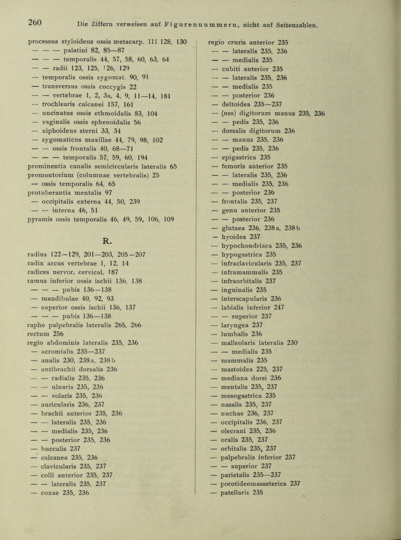 processus styloideus ossis metacarp. III 128, 130 — — — palatini 82, 85—87 — — — temporalis 44, 57, 58, 60, 63, 64 radii 123, 125, 126, 129 — temporalis ossis zygomat. 90, 91 — transversus ossis coccygis 22 vertebrae 1, 2, 3a, 4, 9, 11—14, 181 — trochlearis calcanei 157, 161 — uncinatus ossis ethmoidalis 83, 104 — vaginalis ossis sphenoidalis 56 — xiphoideus sterni 33, 34 — zygomaticus maxillae 44, 79, 98, 102 — — ossis frontalis 40, 68—71 — — — temporalis 57, 59, 60, 194 prominentia canalis semicircularis lateralis 65 promontorium (columnae vertebralis) 25 — ossis temporalis 64, 65 protuberantia mentalis 97 — occipitalis externa 44, 50, 239 — — interna 46, 51 pyramis ossis temporalis 46, 49, 59, 106, 109 R. radius 122-129, 201—203, 205-207 radix arcus vertebrae 1, 12, 14 radices nervor. cervical. 187 ramus inferior ossis ischii 136, 138 — pubis 136—138 — mandibulae 40, 92, 93 — superior ossis ischii 136, 137 — pubis 136—138 raphe palpebralis lateralis 265, 266 rectum 256 regio abdominis lateralis 235, 236 — acromialis 235—237 — analis 230, 238 a, 238 b — antibrachii dorsalis 236 — — radialis 235, 236 — — ulnaris 235, 236 — — volaris 235, 236 — auricularis 236, 237 — brachii anterior 235, 236 — — lateralis 235, 236 — — medialis 235, 236 — — posterior 235, 236 — buccalis 237 — calcanea 235, 236 — clavicularis 235, 237 — colli anterior 235, 237 — — lateralis 235, 237 — coxae 235, 236 regio cruris anterior 235 — — lateralis 235, 236 — — medialis 235 — cubiti anterior 235 — — lateralis 235, 236 — — medialis 235 — — posterior 236 — deltoidea 235—237 — (nes) digitoruni manus 235, 236 — — pedis 235, 236 — dorsalis digitorum 236 — — manus 235, 236 — — pedis 235, 236 — epigastrica 235 — femoris anterior 235 — — lateralis 235, 236 — — medialis 235, 236 — — posterior 236 — frontalis 235, 237 — genu anterior 235 — — posterior 236 — glutaea 236, 238 a, 238 b — hyoidea 237 — hypochondriaca 235, 236 — hypogastrica 235 — infraclavicularis 235, 237 — infratnammalis 235 — infraorbitalis 237 — inguinalis 235 — interscapularis 236 — labialis inferior 247 — — superior 237 — laryngea 237 — lumbalis 236 — malleolaris lateralis 230 — — medialis 235 — mammalis 235 — mastoidea 225, 237 — mediana dorsi 236 — mentalis 235, 237 — mesogastrica 235 — nasalis 235, 237 — nuchae 236, 237 — occipitalis 236, 237 — olecrani 235, 236 — oralis 235, 237 — orbitalis 235, 237 — palpebralis inferior 237 — — superior 237 — parietalis 235—237 — porotideomasseterica 237 — patellaris 235