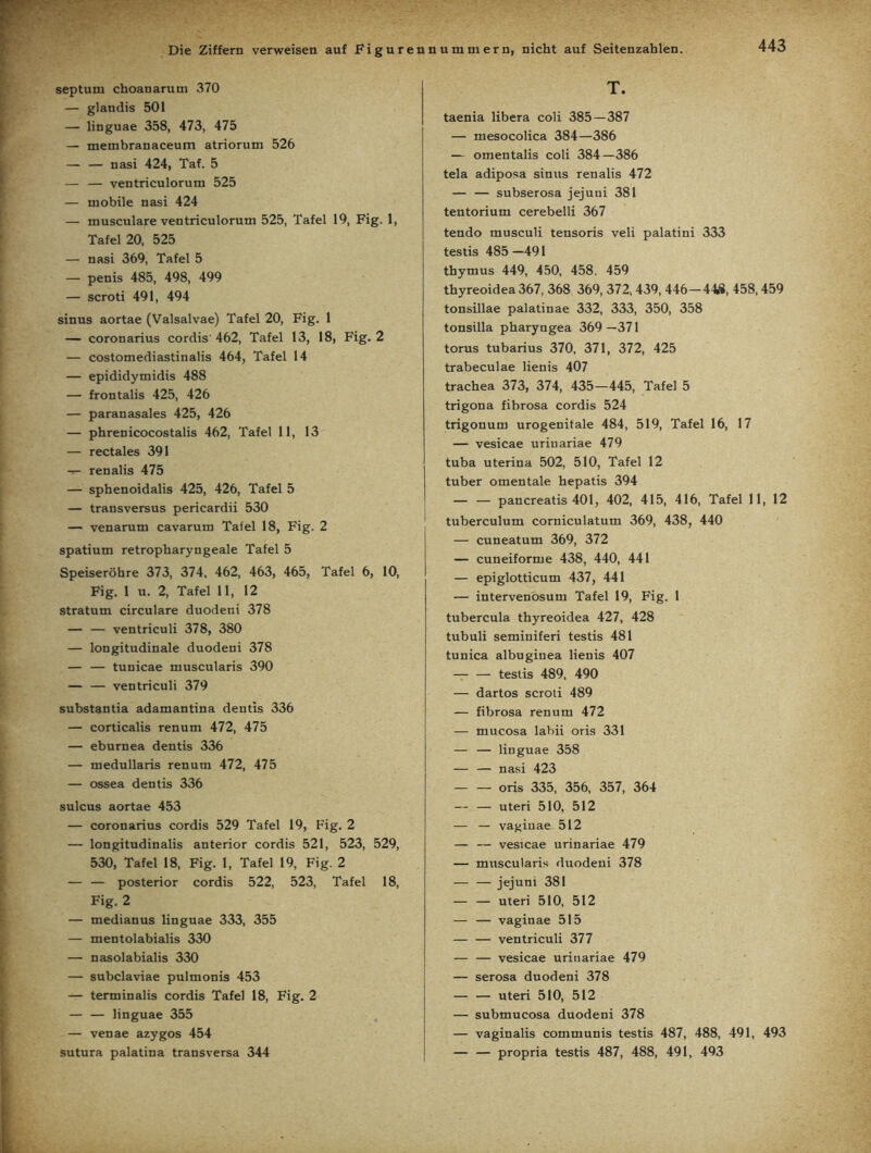 septum choanarum 370 — glandis 501 — linguae 358, 473, 475 — membranaceum atriorum 526 — — nasi 424, Taf. 5 — — ventriculorum 525 — mobile nasi 424 — musculare ventriculorum 525, Tafel 19, Fig. 1, Tafel 20, 525 — nasi 369, Tafel 5 — penis 485, 498, 499 — scroti 491, 494 sinus aortae (Valsalvae) Tafel 20, Fig. 1 — coronarius cordis'462, Tafel 13, 18, Fig. 2 — costomediastinalis 464, Tafel 14 — epididymidis 488 — frontalis 425, 426 — paranasales 425, 426 — phrenicocostalis 462, Tafel 11, 13 — rectales 391 renalis 475 — sphenoidalis 425, 426, Tafel 5 — transversus pericardii 530 — venarum cavarum Tafel 18, Fig. 2 spatium retropharyngeale Tafel 5 Speiseröhre 373, 374, 462, 463, 465, Tafel 6, 10, Fig. 1 u. 2, Tafel 11, 12 Stratum circulare duodeni 378 — — ventriculi 378, 380 — longitudinale duodeni 378 — — tunicae muscularis 390 — — ventriculi 379 substantia adamantina dentis 336 — corticalis renum 472, 475 — eburnea dentis 336 — medullaris renum 472, 475 — ossea dentis 336 sulcus aortae 453 — coronarius cordis 529 Tafel 19, Fig. 2 — longitudinalis anterior cordis 521, 523, 529, 530, Tafel 18, Fig. 1, Tafel 19, Fig. 2 — — posterior cordis 522, 523, Tafel 18, Fig. 2 — medianus linguae 333, 355 — mentolabialis 330 — nasolabialis 330 — subclaviae pulmonis 453 — terminalis cordis Tafel 18, Fig. 2 — — linguae 355 — venae azygos 454 sutura palatina transversa 344 T. taenia libera coli 385—387 — mesocolica 384—386 — omentalis coli 384—386 tela adiposa sinus renalis 472 — — subserosa jejuni 381 tentorium cerebelli 367 tendo musculi tensoris veli palatini 333 testis 485 —491 thymus 449, 450, 458. 459 thyreoidea 367, 368 369, 372, 439, 446-44Ä, 458,459 tonsillae palatinae 332, 333, 350, 358 tonsüla pharyngea 369—371 torus tubarius 370, 371, 372, 425 trabeculae lienis 407 trachea 373, 374, 435—445, Tafel 5 trigona fibrosa cordis 524 trigonum urogenitale 484, 519, Tafel 16, 17 — vesicae urinariae 479 tuba uterina 502, 510, Tafel 12 tuber omentale hepatis 394 — — pancreatis 401, 402, 415, 416, Tafel 11, 12 tuberculum corniculatum 369, 438, 440 — cuneatum 369, 372 — cuneiforme 438, 440, 441 — epiglotticum 437, 441 — intervenosum Tafel 19, Fig. 1 tubercula thyreoidea 427, 428 tubuli seminiferi testis 481 tunica albuginea lienis 407 — — testis 489, 490 — dartos scroti 489 — fibrosa renum 472 — mucosa labii oris 331 — — linguae 358 — — nasi 423 oris 335, 356, 357, 364 — — Uteri 510, 512 — — vagiuae 512 — — vesicae urinariae 479 — muscularis duodeni 378 — — jejuni 381 — — Uteri 510, 512 — — vaginae 515 — — ventriculi 377 — — vesicae urinariae 479 — serosa duodeni 378 Uteri 510, 512 — submucosa duodeni 378 — vaginalis communis testis 487, 488, 491, 493 — — propria testis 487, 488, 491, 493