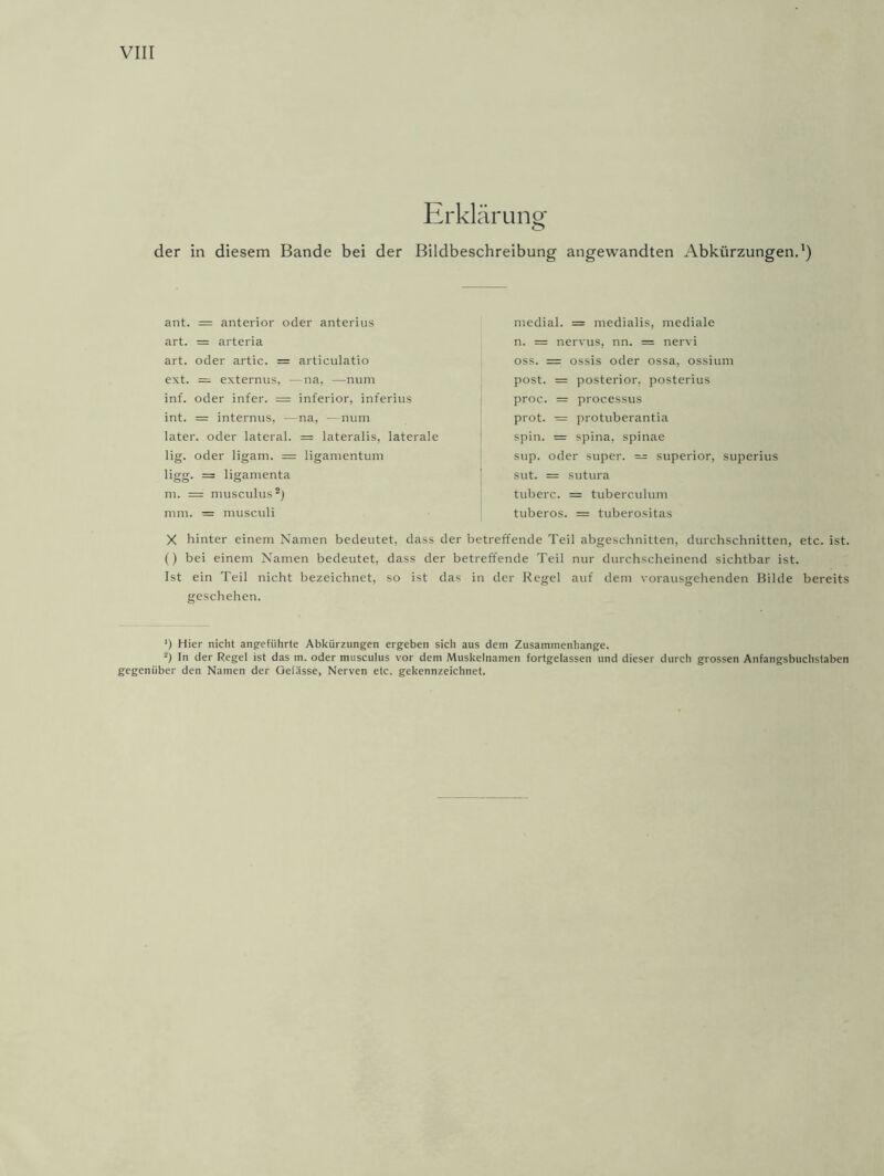 Erklärung der in diesem Bande bei der Bildbeschreibung angewandten Abkürzungen.1) ant. = anterior oder anterius art. = arteria art. oder artic. = articulatio ext. = externus, —na, —num inf. oder infer. = inferior, inferius int. = internus, —na, —num later, oder lateral. = lateralis, laterale lig. oder ligam. = ligamentum ligg. = ligamenta m. = musculus 2J mm. = musculi medial. = medialis, mediale n. = nervus, nn. = nervi oss. = ossis oder ossa, ossium post. = posterior, posterius proc. = processus prot. — protuberantia spin. = spina, spinae sup. oder super. superior, superius sut. = sutura tuberc. = tuberculum tuberos. = tuberositas X hinter einem Namen bedeutet, dass der betreffende Teil abgeschnitten, durchschnitten, etc. ist. () bei einem Namen bedeutet, dass der betreffende Teil nur durchscheinend sichtbar ist. Ist ein Teil nicht bezeichnet, so ist das in der Regel auf dem vorausgehenden Bilde bereits geschehen. ‘) Hier nicht angeführte Abkürzungen ergeben sich aus dem Zusammenhänge. 2) In der Regel ist das m. oder musculus vor dem Muskelnamen fortgelassen und dieser durch grossen Anfangsbuchstaben gegenüber den Namen der Gelasse, Nerven etc. gekennzeichnet.