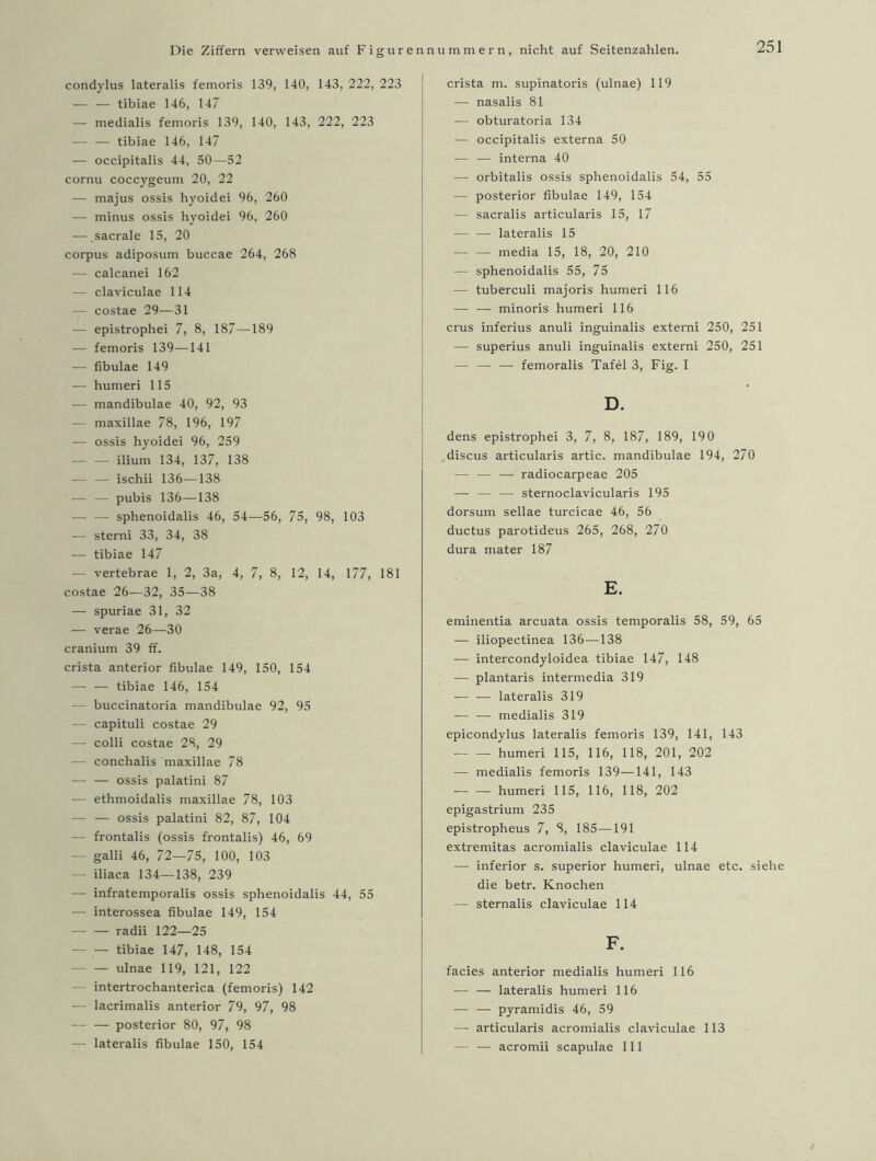 condylus lateralis femoris 139, 140, 143, 222, 223 — — tibiae 146, 147 — medialis femoris 139, 140, 143, 222, 223 — — tibiae 146, 147 — occipitalis 44, 50—52 cornu coccygeum 20, 22 — majus ossis hyoidei 96, 260 — minus ossis hyoidei 96, 260 — .sacrale 15, 20 corpus adiposum buccae 264, 268 — calcanei 162 — claviculae 114 — costae 29—31 — epistrophei 7, 8, 187—189 — femoris 139—141 — fibulae 149 — humeri 115 — mandibulae 40, 92, 93 — maxillae 78, 196, 197 — ossis hyoidei 96, 259 — — ilium 134, 137, 138 — — ischii 136—138 — — pubis 136—138 — — sphenoidalis 46, 54—56, 75, 98, 103 — sterni 33, 34, 38 — tibiae 147 — vertebrae 1, 2, 3a, 4, 7, 8, 12, 14, 177, 181 costae 26—32, 35—38 — spuriae 31, 32 — verae 26—30 cranium 39 ff. crista anterior fibulae 149, 150, 154 — — tibiae 146, 154 — buccinatoria mandibulae 92, 95 — capituli costae 29 — colli costae 28, 29 — conchalis maxillae 78 -— — ossis palatini 87 — ethmoidalis maxillae 78, 103 — — ossis palatini 82, 87, 104 — frontalis (ossis frontalis) 46, 69 galli 46, 72—75, 100, 103 - iliaca 134—138, 239 — infratemporalis ossis sphenoidalis 44, 55 — interossea fibulae 149, 154 — — radii 122—25 tibiae 147, 148, 154 ulnae 119, 121, 122 - intertrochanterica (femoris) 142 — lacrimalis anterior 79, 97, 98 —■ — posterior 80, 97, 98 — lateralis fibulae 150, 154 crista m. supinatoris (ulnae) 119 — nasalis 81 — obturatoria 134 — occipitalis externa 50 — — interna 40 — orbitalis ossis sphenoidalis 54, 55 — posterior fibulae 149, 154 — sacralis articularis 15, 17 — — lateralis 15 —: — media 15, 18, 20, 210 — sphenoidalis 55, 75 — tuberculi majoris humeri 116 —■ — minoris humeri 116 crus inferius anuli inguinalis externi 250, 251 — superius anuli inguinalis externi 250, 251 — — — femoralis Tafel 3, Fig. I D. dens epistrophei 3, 7, 8, 187, 189, 190 discus articularis artic. mandibulae 194, 270 — — — radiocarpeae 205 — — — sternoclavicularis 195 dorsum sellae turcicae 46, 56 ductus parotideus 265, 268, 270 dura mater 187 E. eminentia arcuata ossis temporalis 58, 59, 65 — iliopectinea 136—138 ■— intercondyloidea tibiae 147, 148 — plantaris intermedia 319 -— — lateralis 319 — — medialis 319 epicondylus lateralis femoris 139, 141, 143 humeri 115, 116, 118, 201, 202 — medialis femoris 139—141, 143 humeri 115, 116, 118, 202 epigastrium 235 epistropheus 7, 8, 185—191 extremitas acromialis claviculae 114 — inferior s. Superior humeri, ulnae etc. si< die betr. Knochen — sternalis claviculae 114 F. facies anterior medialis humeri 116 ■— — lateralis humeri 116 — — pyramidis 46, 59 — articularis acromialis claviculae 113 — — acromii scapulae 111