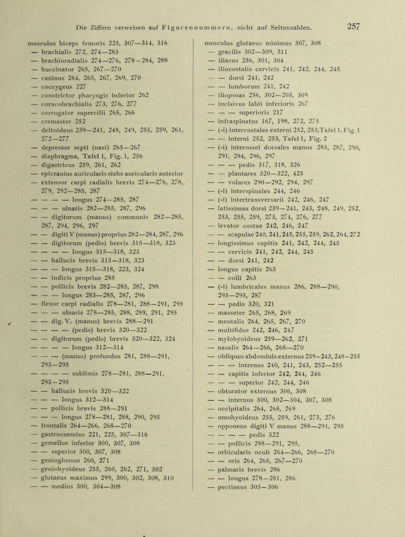 musculus biceps femoris 225, 307—314, 316 — brachialis 272, 274—283 — brachioradialis 274—276, 278 — 284, 288 — buccinator 265, 267—270 — caninus 264, 265, 267, 269, 270 — coccygeus 227 — constrictor pharyngis inferior 262 — coracobrachialis 273, 276, 277 — corrugator supercilii 265, 266 — cremaster 252 — deltoideus 239—241, 248, 249, 255, 259, 261, 272—277 — depressor septi (nasi) 265—267 — diaphragma, Tafel 1, Fig. 1, 256 — digastricus 259, 261, 262 — epicranius auricularis siehe auricularis anterior — extensor carpi radialis brevis 274—276, 278, 279, 282—285, 287 — — — — longus 274—285, 287 — — — ulnaris 282—285, 287, 296 — — digitorum (manus) communis 282—285, 287, 294, 296, 297 — — digiti V (manus) proprius 282—284,287,296 — — digitorum (pedis) brevis 315—318, 323 — — — — longus 315—318, 323 hallucis brevis 315—318, 323 longus 315—318, 223, 324 — — indicis proprius 285 — — pollicis brevis 282—285, 287, 298 longus 283—285, 287, 296 — flexor carpi radialis 278—281, 288—291, 295 ulnaris 278—285, 288, 289, 291, 295 — — dig. V. (manus) brevis 288—291 — — — — (pedis) brevis 320—322 — — digitorum (pedis) brevis 320—322, 324 — — — — longus 312—314 — — — (manus) profundus 281, 288—291, 293—295 — — sublimis 278—281, 288—291, 293-295 — — hallucis brevis 320—322 — — — longus 312—314 — — pollicis brevis 288—291 — — — longus 278—281, 288, 290, 295 — frontalis 264—266, 268—270 — gastrocnemius 221, 225, 307—316 — gemellus inferior 300, 307, 308 superior 300, 307, 308 — genioglossus 260, 271 — geniohyoideus 255, 260, 262, 271, 302 — glutaeus maximus 299, 300, 302, 308, 310 — — medius 300, 304—308 musculus glutaeus minimus 307, 308 — gracilis 302—309, 311 — iliacus 256, 301, 304 — iliocostalis cervicis 241, 242, 244, 245 dorsi 241, 242 — — Iumborum 241, 242 — iliopsoas 256, 302—205, 308 — incisivus labii inferioris 267 — — — superioris 217 — infraspinatus 167, 198, 272, 275 — (-i) intercostales externi 252, 253,Tafel l.Fig. 1 — — intern! 252, 253, Tafel 1, Fig. 2 — (-i) interossei dorsales manus 285, 287, 290, 291, 294, 296, 297 — — — pedis 317, 318, 326 — — plantares 320—322, 425 volares 290—292, 294, 297 — (-i) interspinales 244, 246 — (-i) intertransversarii 242, 246, 247 — latissimus dorsi 239—241, 243, 248, 249, 252, 253, 255, 259, 273, 274, 276, 277 — levator costae 242, 246, 247 scapulae 240,241,245,255,259, 262,264,272 — longissimus capitis 241, 242, 244, 245 — — cervicis 241, 242, 244, 245 dorsi 241, 242 — longus capitis 263 — — colli 263 — (-i) lumbricales manus 286, 288—290, 293—295, 287 — — pedis 320, 321 — masseter 265, 268, 269 — mentalis 264, 265, 267, 270 — multifidus 242, 246, 247 — mylohyoideus 259—262, 271 — nasalis 264—266, 268—270 — obliquus abdominis externus 239—243, 248—255 — — — internus 240, 241, 243, 252—255 — — capitis inferior 242, 244, 246 — — — superior 242, 244, 246 — obturator externus 306, 308 — — internus 300, 302—304, 307, 308 — occipitalis 264, 268, 269 — omohyoideus 255, 259, 261, 273, 276 — opponens digiti V manus 288—291, 295 — — — — pedis 322 pollicis 288—291, 295, — orbicularis oculi 264—266, 268—270 oris 264, 265, 267—270 — palmaris brevis 286 — — longus 278—281. 286 — pectineus 303—306