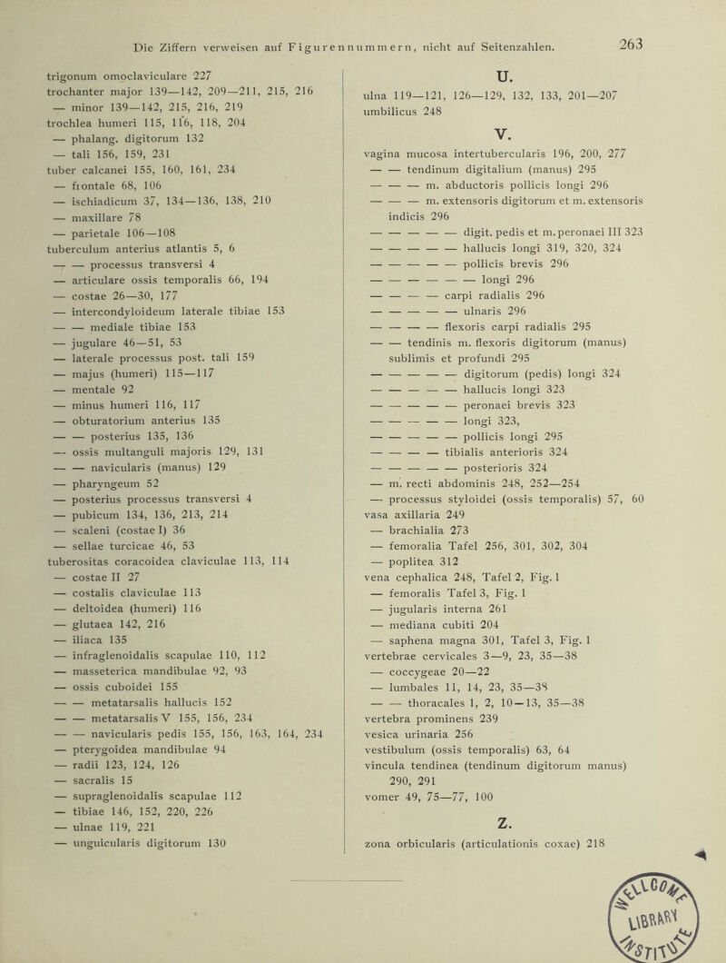 trigonum omoclaviculare 227 trochanter major 139—142, 209—211, 215, 216 — minor 139—142, 215, 216, 219 trochlea humeri 115, 116, 118, 204 — phalang. digitorum 132 — tali 156, 159, 231 tuber calcanei 155, 160, 161, 234 — fiontale 68, 106 — ischiadicum 37, 134—136, 138, 210 — maxillare 78 — parietale 106 —108 tuberculum anterius atlantis 5, 6 processus transversi 4 — articulare ossis temporalis 66, 194 — costae 26—30, 177 — intercondyloideum laterale tibiae 153 — — mediale tibiae 153 — jugulare 46—51, 53 — laterale processus post, tali 159 — majus (humeri) 115 —117 — mentale 92 — minus humeri 116, 117 — obturatorium anterius 135 — — posterius 135, 136 — ossis multanguli majoris 129, 131 — — navicularis (manus) 129 — pharyngeum 52 — posterius processus transversi 4 — pubicum 134, 136, 213, 214 — scaleni (costae I) 36 — sellae turcicae 46, 53 tuberositas coracoidea claviculae 113, 114 — costae II 27 — costalis claviculae 113 — deltoidea (humeri) 116 — glutaea 142, 216 — iliaca 135 — infraglenoidalis scapulae 110, 112 — masseterica mandibulae 92, 93 — ossis cuboidei 155 — — metatarsalis hallucis 152 — — metatarsalis V 155, 156, 234 — — navicularis pedis 155, 156, 163, 164, 234 — pterygoidea mandibulae 94 — radii 123, 124, 126 — sacralis 15 — supraglenoidalis scapulae 112 — tibiae 146, 152, 220, 226 — ulnae 119, 221 — unguicularis digitorum 130 u. ulna 119—121, 126—129, 132, 133, 201—207 umbilicus 248 V. vagina mucosa intertubercularis 196, 200, 277 — — tendinum digitalium (manus) 295 — — — m. abductoris pollicis longi 296 — — — m. extensoris digitorum et m. extensoris indicis 296 — — — — — digit. pedis et m.peronaei III 323 — — — — — hallucis longi 319, 320, 324 — — — — — pollicis brevis 296 — — — — — — longi 296 — — — — carpi radialis 296 — — — — — ulnaris 296 — -— — — flexoris carpi radialis 295 — — tendinis m. flexoris digitorum (manus) sublimis et profundi 295 — — — — — digitorum (pedis) longi 324 — — — — — hallucis longi 323 — — — — — peronaei brevis 323 — — — — — longi 323, — — — — — pollicis longi 295 — — — — tibialis anterioris 324 — — — — — posterioris 324 — m. recti abdominis 248, 252—254 — processus styloidei (ossis temporalis) 57, 60 vasa axillaria 249 — brachialia 273 — femoralia Tafel 256, 301, 302, 304 — poplitea 312 vena cephalica 248, Tafel 2, Fig. 1 — femoralis Tafel 3, Fig. 1 — jugularis interna 261 — mediana cubiti 204 — saphena magna 301, Tafel 3, Fig. 1 vertebrae cervicales 3—9, 23, 35—38 — coccygeae 20—22 — lumbales 11, 14, 23, 35—38 — -—- thoracales 1, 2, 10—13, 35—38 vertebra prominens 239 vesica urinaria 256 vestibulum (ossis temporalis) 63, 64 vincula tendinea (tendinum digitorum manus) 290, 291 vomer 49, 75—77, 100 z. zona orbicularis (articulationis coxae) 218