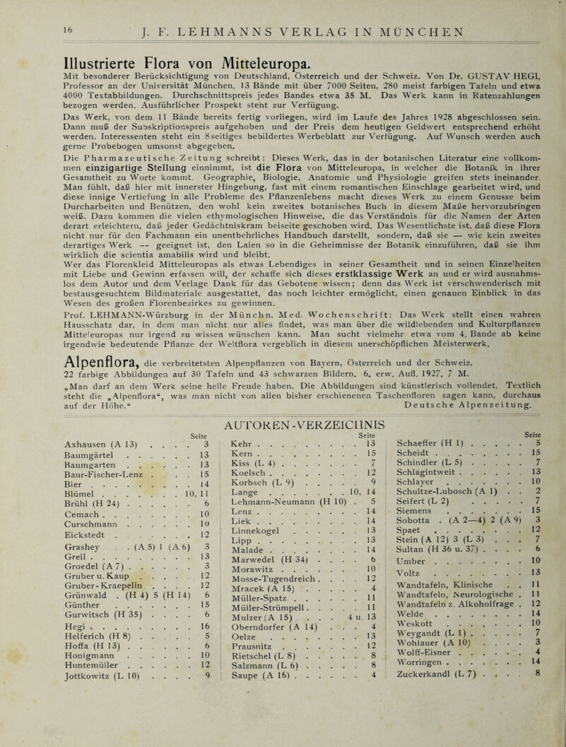 Illustrierte Flora von Mitteleuropa. Mit besonderer Berücksichtigung von Deutschland, Österreich und der Schweiz. Von Dr. GUSTAV HEGI. Professor an der Universität München. 13 Bände mit über 7000 Seiten, 280 meist farbigen Tafeln und etwa 4000 Textabbildungen. Durchschnittspreis jedes Bandes etwa 35 M. Das Werk kann in Ratenzahlungen bezogen werden. Ausführlicher Prospekt steht zur Verfügung. Das Werk, von dem 11 Bände bereits fertig vorliegen, wird im Laufe des Jahres 1928 abgeschlossen sein. Dann muß der Subskriptionspreis aufgehoben und der Preis dem heutigen Geldwert entsprechend erhöht werden. Interessenten steht ein 8seitiges bebildertes Werbeblatt zur Verfügung. Auf Wunsch werden auch gerne Probebogen umsonst abgegeben. Die Pharmazeutische Zeitung schreibt: Dieses Werk, das in der botanischen Literatur eine vollkom- men einzigartige Stellung einnimmt, ist die Flora von Mitteleuropa, in welcher die Botanik in ihrer Gesamtheit zu Worte kommt. Geographie, Biologie, Anatomie und Physiologie greifen stets ineinander. Man fühlt, daß hier mit innerster Hingebung, fast mit einem romantischen Einschläge gearbeitet wird, und diese innige Vertiefung in alle Probleme des Pflanzenlebens macht dieses Werk zu einem Genüsse beim Durcharbeiten und Benützen, den wohl kein zweites botanisches Buch in diesem Maße hervorzubringen weiß. Dazu kommen die vielen ethymologischen Hinweise, die das Verständnis für die Namen der Arten derart erleichtern, daß jeder Gedächtniskram beiseite geschoben wird. Das Wesentlichste ist, daß diese Flora nicht nur für den Fachmann ein unentbehrliches Handbuch darstellt, sondern, daß sie — wie kein zweites derartiges Werk — geeignet ist, den Laien so in die Geheimnisse der Botanik einzuführen, daß sie ihm wirklich die scientia amabilis wird und bleibt. Wer das Florenkleid Mitteleuropas als etwas Lebendiges in seiner Gesamtheit und in seinen Einzelheiten mit Liebe und Gewinn erfassen will, der schaffe sich dieses erstklassige Werk an und er wird ausnahms- los dem Autor und dem Verlage Dank für das Gebotene wissen; denn das Werk ist verschwenderisch mit bestausgesuchtem Bildmateriale ausgestattet, das noch leichter ermöglicht, einen genauen Einblick in das Wesen des großen Florenbezirkes zu gewinnen. Prof. LEHMANN-Würzburg in der Münchn. Med. Wochenschrift: Das Werk stellt einen wahren Hausschatz dar, in dem man nicht nur alles findet, was man über die wildlebenden und Kulturpflanzen Mitteleuropas nur irgend zu wissen wünschen kann. Man sucht vielmehr etwa vom 4. Bande ab keine irgendwie bedeutende Pflanze der Weltflora vergeblich in diesem unerschöpflichen Meisterwerk. Alpenflora, die verbreitetsten Alpenpflanzen von Bayern, Österreich und der Schweiz. 22 farbige Abbildungen auf 30 Tafeln und 43 schwarzen Bildern. 6. erw. Aufl. 192/. 7 M. „Man darf an dem Werk seine helle Freude haben. Die Abbildungen sind künstlerisch vollendet. Textlich steht die „Alpenflora“, was man nicht von allen bisher erschienenen Taschenfloren sagen kann, durchaus auf der Höhe.“ Deutsche A lpen ze i t ung. Seite Axhausen (A 13) .... 3 Baumgärtel 13 Baumgarten 13 Baur-Fischer-Lenz . . . 15 Bier 14 Blümel 10,11 Brühl (H 24) 6 Cemach 10 Curschmann 10 Eickstedt 12 Grashey . (A 5) l (A 6) 3 Greil 13 Groedel (A7) 3 Gruberu.Kaup 12 Gruber-Kraepelin .... 12 Grünwald . (H 4) 5 (H 14) 6 Günther ..15 Gurwitsch (H 35) .... 6 Hegi 16 Helferich (H 8) 5 Hoffa (H 13) 6 Honigmann 10 Huntemüller 12 Jottkowitz (L 10) .... 9 AUTOREN-VERZEICHNIS Seite Kehr 13 Kern 15 Kiss (L 4) 7 Koelsch 12 Korbsch (L 9) 9 Lange 10, 14 Lehmann-Neumann (H 10) . 5 Lenz 14 Liek 14 Linnekogel 13 Lipp 13 Malade 14 Marwedel (H 34) .... 6 Morawitz 10 Mosse-Tugendreich . ... 12 Mracek (A 15) 4 Müller-Spatz 11 Müller-Strümpell 11 MulzerfA 15) . . . 4 u. 13 Oberndorfer (A 14) . . . 4 Oelze 13 Prausnitz . 12 Rietschel (L 8) 8 Salzmann (L 6) 8 Saupe (A 16) 4 Seite Schaeffer (Hl) 5 Scheidt 15 Schindler (L 5) 7 Schlagintweit 13 Schlayer 10 Schultze-Lubosch (A 1) . . 2 Seifert (L 2) 7 Siemens 15 Sobotta . (A 2—4) 2 (A 9) 3 Spaet 12 Stein (A 12) 3 (L 3) . . . 7 Sultan (H 36 u. 37) .... 6 Umber .10 Voltz 13 Wandtafeln, Klinische . . 11 Wandtafeln, Neurologische . 11 Wandtafeln z. Alkoholfrage . 12 Weide 14 Weskott ....... 10 Weygandt (LI) 7 Wohlauer (A 10) .... 3 Wolff-Eisner 4 Worringen 14 Zuckerkandl (L 7) • . • 8