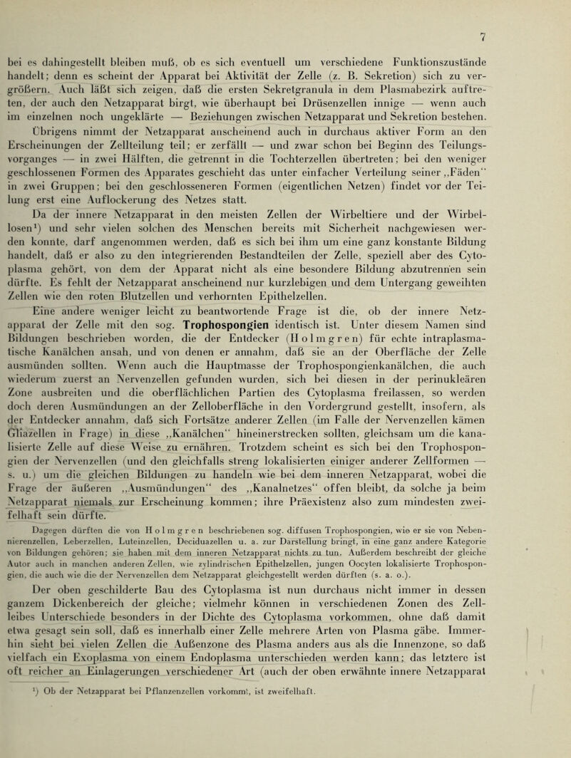 bei es dahingestellt bleiben muß, ob es sich eventuell um verschiedene Funktionszustände handelt ; denn es scheint der Apparat bei Aktivität der Zelle (z. B. Sekretion) sich zu ver- größern. Auch läßt sich zeigen, daß die ersten Sekretgranula in dem Plasmabezirk auftre- ten, der auch den Netzapparat birgt, wie überhaupt bei Drüsenzellen innige — wenn auch im einzelnen noch ungeklärte — Beziehungen zwischen Netzapparat und Sekretion bestehen. Übrigens nimmt der Netzapparat anscheinend auch in durchaus aktiver Form an den Erscheinungen der Zellteilung teil: er zerfällt — und zwar schon bei Beginn des Teilungs- vorganges — in zwei Hälften, die getrennt in die Tochterzellen übertreten; bei den weniger geschlossenen Formen des Apparates geschieht das unter einfacher Verteilung seiner „Fäden“ in zwei Gruppen; bei den geschlosseneren Formen (eigentlichen Netzen) findet vor der Tei- lung erst eine Auflockerung des Netzes statt. Da der innere Netzapparat in den meisten Zellen der Wirbeltiere und der Wirbel- losen1) und sehr vielen solchen des Menschen bereits mit Sicherheit nachgewiesen wer- den konnte, darf angenommen werden, daß es sich bei ihm um eine ganz konstante Bildung handelt, daß er also zu den integrierenden Bestandteilen der Zelle, speziell aber des Cyto- plasma gehört, von dem der Apparat nicht als eine besondere Bildung abzutrenn'en sein dürfte. Es fehlt der Netzapparat anscheinend nur kurzlebigen und dem Untergang geweihten Zellen wie den roten Blutzellen und verhornten Epithelzellen. Eine andere weniger leicht zu beantwortende Frage ist die, ob der innere Netz- apparat der Zelle mit den sog. Trophospongien identisch ist. Unter diesem Namen sind Bildungen beschrieben worden, die der Entdecker (Holmgren) für echte intraplasma- tische Kanälchen ansah, und von denen er annahm, daß sie an der Oberfläche der Zelle ausmünden sollten. Wenn auch die Hauptmasse der Trophospongienkanälchen, die auch wiederum zuerst an Nervenzellen gefunden wurden, sich bei diesen in der perinukleären Zone ausbreiten und die oberflächlichen Partien des Cytoplasma freilassen, so werden doch deren Ausmündungen an der Zelloberfläche in den Vordergrund gestellt, insofern, als der Entdecker annahm, daß sich Fortsätze anderer Zellen (im Falle der Nervenzellen kämen Gliazellen in Frage) in diese „Kanälchen“ hineinerstrecken sollten, gleichsam um die kana- lisierte Zelle auf diese Weise zu ernähren. Trotzdem scheint es sich bei den Trophospon- gien der Nervenzellen (und den gleichfalls streng lokalisierten einiger anderer Zellformen — s. u.) um die gleichen Bildungen zu handeln wie bei dem inneren Netzapparat, wobei die Frage der äußeren „Ausmündungen“ des „Kanalnetzes“ offen bleibt, da solche ja beim Nelzapparat niemals zur Erscheinung kommen; ihre Präexistenz also zum mindesten zwei- felhaft sein dürfte. Dagegen dürften die von Holmgren beschriebenen sog. diffusen Trophospongien, wie er sie von Neben- nierenzellen, Leberzellen, Luteinzellen, Deciduazellen u. a. zur Darstellung bringt, in eine ganz andere Kategorie von Bildungen gehören; sie haben mit dem inneren Netzapparat nichts zu tun. Außerdem beschreibt der gleiche Autor auch in manchen anderen Zellen, wie zylindrischen Epithelzellen, jungen Oocyten lokalisierte Trophospon- gien, die auch wie die der Nervenzellen dem Netzapparat gleichgestellt werden dürften (s. a. o.). Der oben geschilderte Bau des Cytoplasma ist nun durchaus nicht immer in dessen ganzem Dickenbereich der gleiche; vielmehr können in verschiedenen Zonen des Zell- leibes Unterschiede besonders in der Dichte des Cytoplasma Vorkommen, ohne daß damit etwa gesagt sein soll, daß es innerhalb einer Zelle mehrere Arten von Plasma gäbe. Immer- hin sieht bei vielen Zellen die Außenzone des Plasma anders aus als die Innenzone, so daß vielfach ein Exoplasma von einem Endoplasma unterschieden werden kann; das letztere ist oft reicher an Einlagerungen verschiedener Art (auch der oben erwähnte innere Netzapparal *) Oh der Netzapparat bei Pflanzenzellen vorkommt, ist zweifelhaft.