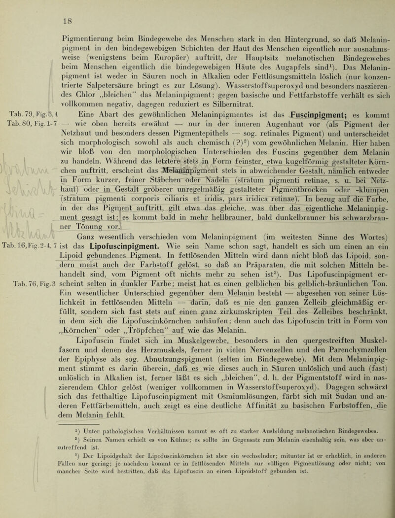 Pigmentierung beim Bindegewebe des Menschen stark in den Hintergrund, so daß Melanin- pigment in den bindegewebigen Schichten der Haut des Menschen eigentlich nur ausnahms- weise (wenigstens beim Europäer) auftritt, der Hauptsitz melanotischen Bindegewebes beim Menschen eigentlich die bindegewebigen Häute des Augapfels sind1). Das Melanin- pigment ist weder in Säuren noch in Alkalien oder Fettlösungsmitteln löslich (nur konzen- trierte Salpetersäure bringt es zur Lösung). Wasserstoffsuperoxyd und besonders naszieren- des Chlor „bleichen“ das Melaninpigment; gegen basische und Fettfarbstoffe verhält es sich vollkommen negativ, dagegen reduziert es Silbernitrat. Tab. 79, Fig.3,4 Eine Abart des gewöhnlichen Melaninpigmentes ist das Fuscinpigment; es kommt Tab.80, Fig.1-7 — wie oben bereits erwähnt — nur in der inneren Augenhaut vor (als Pigment der Netzhaut und besonders dessen Pigmentepithels — sog. retinales Pigment) und unterscheidet sich morphologisch sowohl als auch chemisch (?)2) vom gewöhnlichen Melanin. Hier haben w'ir bloß von den morphologischen Unterschieden des Fuscins gegenüber dem Melanin zu handeln. Während das letztere stets in Form feinster, etwa kugelförmig gestalteter Körn- chen auftritt, erscheint das Melaninpigment stets in abweichender Gestalt, nämlich entweder in Form kurzer, feiner Stäbchen oder Nadeln (stratum pigmenti retinae, s. u. bei Netz- haut) oder in Gestalt gröberer unregelmäßig gestalteter Pigmentbrocken oder -klumpen (stratum pigmenti corporis ciliaris et iridis, pars iridica retinae). In bezug auf die Farbe, in der das Pigment auftritt, gilt etwa das gleiche, was über das eigentliche Melaninpig- ment j^esagt_istj es kommt bald in mehr hellbrauner, bald dunkelbrauner bis schwarzbrau- ner Tönung vor. Ganz Avesentlich verschieden vom Melaninpigment (im weitesten Sinne des Wortes) Tab. 16,Fig. 2-4, 7 ist das Lipofuscinpigment. Wie sein Name schon sagt, handelt es sich um einen an ein Lipoid gebundenes Pigment. In fettlösenden Mitteln wird dann nicht bloß das Lipoid, son- dern meist auch der Farbstoff gelöst, so daß an Präparaten, die mit solchen Mitteln be- handelt sind, vom Pigment oft nichts mehr zu sehen ist3). Das Lipofuscinpigment er- Tab. 76, Fig.3 scheint selten in dunkler Farbe; meist hat es einen gelblichen bis gelblich-bräunlichen Ton. Ein wesentlicher Unterschied gegenüber dem Melanin besteht — abgesehen von seiner Lös- lichkeit in fettlösenden Mitteln — darin, daß es nie den ganzen Zelleib gleichmäßig er- füllt, sondern sich fast stets auf einen ganz zirkumskripten Teil des Zelleibes beschränkt, in dem sich die Lipofuscinkörnchen anhäufen; denn auch das Lipofuscin tritt in Form von „Körnchen“ oder „Tröpfchen“ auf wie das Melanin. Lipofuscin findet sich im Muskelgewebe, besonders in den quergestreiften Muskel- fasern und denen des Herzmuskels, ferner in vielen Nervenzellen und den Parenchymzellen der Epiphyse als sog. Abnutzungspigment (selten im Bindegewebe). Mit dem Melaninpig- ment stimmt es darin überein, daß es wie dieses auch in Säuren unlöslich und auch (fast) unlöslich in Alkalien ist, ferner läßt es sich „bleichen“, d. h. der Pigmentstoff wird in nas- zierendem Chlor gelöst (weniger vollkommen in Wasserstoffsuperoxyd). Dagegen schwärzt sich das fetthaltige Lipofuscinpigment mit Osmiumlösungen, färbt sich mit Sudan und an- deren Fettfärbemitteln, auch zeigt es eine deutliche Affinität zu basischen Farbstoffen, die dem Melanin fehlt. D Unter pathologischen Verhältnissen kommt es oft zu starker Ausbildung melanotischen Bindegewebes. 2) Seinen Namem erhielt es von Kühne; es sollte im Gegensatz zum Melanin eisenhaltig sein, was aber un- zutreffend ist. *) Der Lipoidgehalt der Lipofuscinkörnchen ist aber ein wechselnder; mitunter ist er erheblich, in anderen Fällen nur gering; je nachdem kommt er in fettlösenden Mitteln zur völligen Pigmentlösung oder nicht; von mancher Seite wird bestritten, daß das Lipofuscin an einen Lipoidstoff gebunden ist.