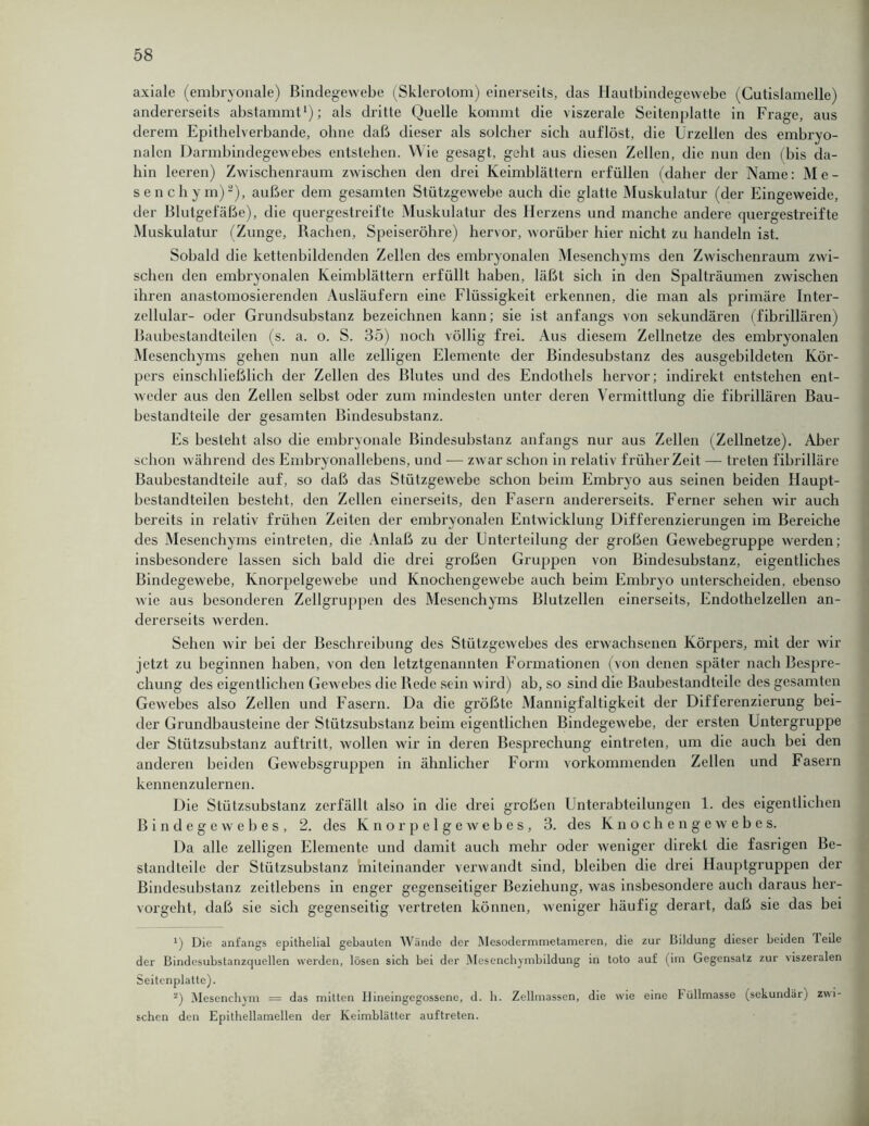 axiale (embryonale) Bindegewebe (Sklerotom) einerseits, das Hautbindegewebe (Cutislamelle) andererseits abstammt1); als dritte Quelle kommt die viszerale Seitenplatte in Frage, aus derem Epithelverbande, ohne daß dieser als solcher sich auflöst, die Urzellen des embryo- nalen Darmbindegewebes entstehen. Wie gesagt, geht aus diesen Zellen, die nun den (bis da- hin leeren) Zwischenraum zwischen den drei Keimblättern erfüllen (daher der Name: M e - senchym)2), außer dem gesamten Stützgewebe auch die glatte Muskulatur (der Eingeweide, der Blutgefäße), die quergestreifte Muskulatur des Herzens und manche andere quergestreifte Muskulatur (Zunge, Rachen, Speiseröhre) hervor, worüber hier nicht zu handeln ist. Sobald die kettenbildenden Zellen des embryonalen Mesenchyms den Zwischenraum zwi- schen den embryonalen Keimblättern erfüllt haben, läßt sich in den Spalträumen zwischen ihren anastomosierenden Ausläufern eine Flüssigkeit erkennen, die man als primäre Inter- zellular- oder Grundsubstanz bezeichnen kann; sie ist anfangs von sekundären (fibrillären) Baubestandteilen (s. a. o. S. 35) noch völlig frei. Aus diesem Zellnetze des embryonalen Mesenchyms gehen nun alle zelligen Elemente der Bindesubstanz des ausgebildeten Kör- pers einschließlich der Zellen des Blutes und des Endothels hervor; indirekt entstehen ent- weder aus den Zellen selbst oder zum mindesten unter deren Vermittlung die fibrillären Bau- bestandteile der gesamten Bindesubstanz. Es besteht also die embryonale Bindesubstanz anfangs nur aus Zellen (Zellnetze). Aber schon während des Embryonallebens, und — zwar schon in relativ früher Zeit — treten fibrilläre Baubestandteile auf, so daß das Stützgewebe schon beim Embryo aus seinen beiden Haupt- bestandteilen besteht, den Zellen einerseits, den Fasern andererseits. Ferner sehen wir auch bereits in relativ frühen Zeiten der embryonalen Entwicklung Differenzierungen im Bereiche des Mesenchyms eintreten, die Anlaß zu der Enterteilung der großen Gewebegruppe werden; insbesondere lassen sich bald die drei großen Gruppen von Bindesubstanz, eigentliches Bindegewebe, Knorpelgewebe und Knochengewebe auch beim Embryo unterscheiden, ebenso wie aus besonderen Zellgruppen des Mesenchyms Blutzellen einerseits, Endothelzellen an- dererseits werden. Sehen wir bei der Beschreibung des Stützgewebes des erwachsenen Körpers, mit der wir jetzt zu beginnen haben, von den letztgenannten Formationen (von denen später nach Bespre- chung des eigentlichen Gewebes die Rede sein wird) ab, so sind die Baubestandteile des gesamten Gewebes also Zellen und Fasern. Da die größte Mannigfaltigkeit der Differenzierung bei- der Grundbausteine der Stützsubstanz beim eigentlichen Bindegewebe, der ersten Untergruppe der Stützsubstanz auftrilt, wollen wir in deren Besprechung eintreten, um die auch bei den anderen beiden Gewebsgruppen in ähnlicher Form vorkommenden Zellen und Fasern kennenzulernen. Die Stützsubstanz zerfällt also in die drei großen Unterabteilungen 1. des eigentlichen Bindegewebes, 2. des Knorpelgewebes, 3. des Knochengewebes. Da alle zelligen Elemente und damit auch mehr oder weniger direkt die fasrigen Be- standteile der Stützsubstanz miteinander verwandt sind, bleiben die drei Hauptgruppen der Bindesubstanz zeitlebens in enger gegenseitiger Beziehung, was insbesondere auch daraus her- vorgeht, daß sie sich gegenseitig vertreten können, weniger häufig derart, daß sie das bei ‘) Die anfangs epithelial gebauten Wände der Mesodermmetameren, die zur Bildung dieser beiden Teile der Bindesubstanzquellen werden, lösen sich bei der Mesenchymbildung in toto auf (im Gegensatz zur viszeralen Seitcnplatte). 2) Mesenchvm = das mitten IImeingegossene, d. h. Zellmassen, die wie eine Füllmasse (sekundärj zwi- schen den Epithellamellen der Keimblätter auftreten.