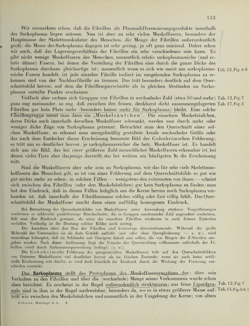 Wir vermerkten schon, daß die Fibrillen als Plasmadifferenzierungsprodukte innerhalb des Sarkoplasma liegen müssen. Nun ist aber an sehr vielen Muskelfasern, besonders der Hauptmasse der Skelettmuskulatur des Menschen, die Menge der Fibrillen außerordentlich groß; die Masse des Sarkoplasma dagegen ist sehr gering, ja oft ganz minimal. Daher sehen wir auch, daß das Lagerungsverhältnis der Fibrillen ein sehr verschiedenes sein kann. Es gibt nicht wenige Muskelfasern des Menschen, namentlich relativ sarkoplasmareiche (und re- lativ dünne) Fasern, bei denen die Verteilung der Fibrillen eine durch die ganze Dicke des Sarkoplasma durchaus gleichartige ist; namentlich wenn es sich wie meist um sarkoplasma-Tab. 13, Fig. 4-6 reiche Fasern handelt, ist jede einzelne Fibrille isoliert im umgebenden Sarkoplasma zu er- kennen und von der Nachbarfibrille zu trennen. Das tritt besonders deutlich auf dem Quer- schnittsbild hervor, auf dem die Fibrillenquerschnitte als in gleichen Abständen im Sarko- plasma verteilte Punkte erscheinen. Vielfach aber ordnen sich Gruppen von Fibrillen in wechselnder Zahl (etwa 50 und mehr) Tab. 12, Fig. 7 ganz eng aneinander, so eng, daß zwischen den feinen, denkbarst dicht zusammengelagerten Tab.27,Fig.2 Fibrillen gar kein Platz mehr (besonders keiner mehr für Sarkoplasma) bleibt. Eine solche FiErTIIengruppe nennf man dann ein „Muskel s ä u 1 c h e n“. Die einzelnen Muskelsäulchen, deren Dicke auch innerhalb derselben Muskelfaser schwankt, werden nun durch mehr oder weniger dicke Züge von Sarkoplasma getrennt. Betrachtet man den Querschnitt einer sol- chen Muskelfaser, so erkennt man unregelmäßig gestaltete Areale wechselnder Größe oder das nach dem Entdecker dieser Erscheinung benannte Bild der Cohnheimschen Felderung; es tritt um so deutlicher hervor, je sarkoplasmareicher die betr. Muskelfaser ist. Es handelt sich um ein Bild, das bei einer größeren Zahl menschlicher Muskelfasern erkennbar ist, bei denen vieler Tiere aber dasjenige darstellt, das bei weitem am häufigsten hi die Erscheinung tritt. Sind die Muskelfasern aber sehr arm an Sarkoplasma, wie das für sehr viele Skelettmus- kelfasern des Menschen gilt. so ist von einer Felderung auf dem Querschnittsbilde so gut wie gar nichts mehr zu sehen; in solchen Fällen — wenigstens den extremsten von ihnen — scheint Geh zwischen den Fibrillen (oder den Muskelsäulchen) gar kein Sarkoplasma zu finden; man hat den Eindruck, daß in diesen Fällen lediglich um die Kerne herum noch Sarkoplasma vor- handen ist, daß innerhalb der Fibrillenmasse solches völlig oder fast völlig fehlt. Das Quer- schnittsbild der Muskelfaser macht dann einen auffällig homogenen Eindruck. Bei Betrachtung der Querschnittsbilder von Muskelfasern unter Anwendung stärkerer Vergrößerungen erscheinen so zahlreiche punktförmige Durchschnitte, die in Gruppen zunehmender Zahl angeordnet erscheinen, daß man den Eindruck gewinnt, als seien die einzelnen Fibrillen wiederum in noch feinere Einheiten zerfallen. Vorläufig ist die Deutung solcher Bilder noch strittig. Die Ansichten über den Bau der Fibrillen sind keineswegs übereinstimmende. Während die große Mehrzahl der Untersucher sie als feste Gebilde auffaßt (mit oder ohne Quergliederung — s. u.), wird neuerdings behauptet, daß sie Schläuche mit flüssigem Inhalt sein sollen, die von Ringen der Z-Streifen um- geben werden. Nach dieser Auffassung liegt die Ursache der Querstreifung vollkommen außerhalb der Fi- brillen (wird durch Sarkosomenquerreihung bedingt) (s. u.). Die Cohnheimsche Felderung der quergestreiften Muskelfasern tritt auf den Querschnittsbildern 'On fixierten Muskelfasern viel deutlicher hervor als im frischen Zustande; wenn sie auch keine artifi- zielle Erscheinung sein dürfte, so wird doch künstlich ihr Eindruck durch die Wirkung der Fixierung ent- schieden verstärkt. Das Sarkoplasma stellt das Protoplasma f1os-.Mnskp.lfnsp.L-synryt.iiim dar; über sein Verhalten zu den Fibrillen und über die (wechselnde) Menge seines Vorkommens wurde schon oben berichtet. Es erscheint in der Begel außerordentlich strukturarm.; nur feine Lipoidgra- lab. 12,Fig.7 nula sind in ihm in der Begel nachweisbar, besonders da, wo es in etwas größerer Masse auf- I ab.13, Fig.3-6, tritt wie zwischen den Muskelsäulchen und namentlich in der Umgebung der Kerne; von alters Sobotla, Histologie 4. A. 8