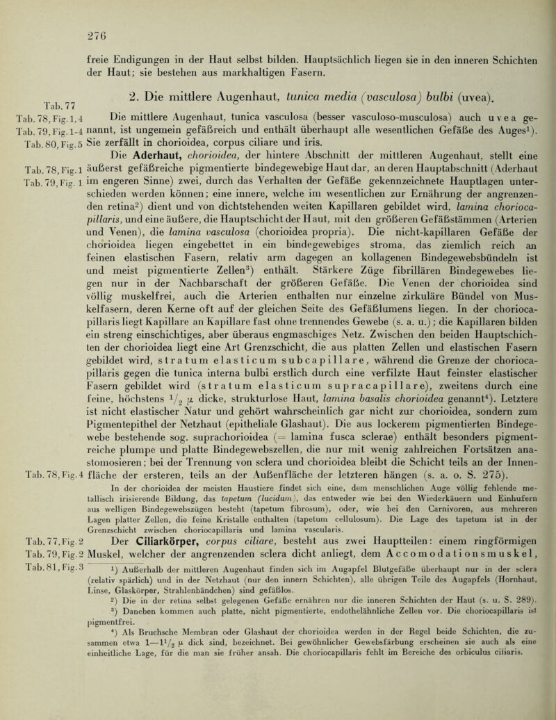 freie Endigungen in der Haut selbst bilden. Hauptsächlich liegen sie in den inneren Schichten der Haut; sie bestehen aus markhaltigen Fasern. ^ _ 2. Die mittlere Augenhaut, tunica media (vasculosci) bulbi (uvea). Tab.78,Fig. 1,4 Die mittlere Augenhaut, tunica vasculosa (besser vasculoso-musculosa) auch uvea ge- Tab. 79, Fig. 1-4 nannt, ist ungemein gefäßreich und enthält überhaupt alle wesentlichen Gefäße des Auges1). Tab. 80, Fig. 5 Sie zerfällt in chorioidea, corpus ciliare und iris. Die Aderhaut, chorioidea, der hintere Abschnitt der mittleren Augenhaut, stellt eine Tab. 78, Fig. 1 äußerst gefäßreiche pigmentierte bindegewebige Haut dar, an deren Hauptabschnitt (Aderhaut Tab. 79, Fig. 1 hn engeren Sinne) zwei, durch das Verhalten der Gefäße gekennzeichnete Hauptlagen unter- schieden werden können; eine innere, welche im wesentlichen zur Ernährung der angrenzen- den retina2) dient und von dichtstehenden weiten Kapillaren gebildet wird, lamina chorioca- pillaris, und eine äußere, die Hauptschicht der Haut, mit den größeren Gefäßstämmen (Arterien und Venen), die lamina vasculosa (chorioidea propria). Die nicht-kapillaren Gefäße der chorioidea liegen eingebettet in ein bindegewebiges stroma, das ziemlich reich an feinen elastischen Fasern, relativ arm dagegen an kollagenen Bindegewebsbündeln ist und meist pigmentierte Zellen3) enthält. Stärkere Züge fibrillären Bindegewebes lie- gen nur in der Nachbarschaft der größeren Gefäße. Die Venen der chorioidea sind völlig muskelfrei, auch die Arterien enthalten nur einzelne zirkuläre Bündel von Mus- kelfasern, deren Kerne oft auf der gleichen Seite des Gefäßlumens liegen. In der chorioca- pillaris liegt Kapillare an Kapillare fast ohne trennendes Gewebe (s. a. u.); die Kapillaren bilden ein streng einschichtiges, aber überaus engmaschiges Netz. Zwischen den beiden Hauptschich- ten der chorioidea liegt eine Art Grenzschicht, die aus platten Zellen und elastischen Fasern gebildet wird, Stratum elasticum subcapillare, während die Grenze der chorioca- pillaris gegen die tunica interna bulbi erstlich durch eine verfilzte Haut feinster elastischer Fasern gebildet wird (stratum elasticum supracapillare), zweitens durch eine feine, höchstens 1/2 p. dicke, strukturlose Haut, lamina basalis chorioidea genannt4). Letztere ist nicht elastischer Natur und gehört wahrscheinlich gar nicht zur chorioidea, sondern zum Pigmentepithel der Netzhaut (epitheliale Glashaut). Die aus lockerem pigmentierten Bindege- webe bestehende sog. suprachorioidea (= lamina fusca sclerae) enthält besonders pigment- reiche plumpe und platte Bindegewebszellen, die nur mit wenig zahlreichen Fortsätzen ana- stomosieren; bei der Trennung von sclera und chorioidea hleibt die Schicht teils an der Innen- Tab. 78,Fig.4 fläche der ersteren, teils an der Außenfläche der letzteren hängen (s. a. o. S. 275). In der chorioidea der meisten Haustiere findet sich eine, dem menschlichen Auge völlig fehlende me- tallisch irisierende Bildung, das tapetum (lucidum), das entweder wie bei den Wiederkäuern und Einhufern aus welligen Bindegewebszügen besteht (tapetum fibrosum), oder, wie bei den Carnivoren, aus mehreren Lagen platter Zellen, die feine Kristalle enthalten (tapetum cellulosum). Die Lage des tapetum ist in der Grenzschicht zwischen choriocapillaris und lamina vascularis. Tab.77.Fig.2 Der Ciliarkörper, corpus ciliare, besteht aus zwei Hauptteilen: einem ringförmigen Tab. 79, Fig. 2 Muskel, welcher der angrenzenden sclera dicht anliegt, dem Accomodationsmuskel, Tab. 81, Fig. 3 l) Außerhalb der mittleren Augenhaut finden sich im Augapfel Blutgefäße überhaupt nur in der sclera (relativ spärlich) und in der Netzhaut (nur den innern Schichten), alle übrigen Teile des Augapfels (Hornhaut, Linse, Glaskörper, Strahlenbändchen) sind gefäßlos. 2) Die in der retina selbst gelegenen Gefäße ernähren nur die inneren Schichten der Haut (s. u. S. 289). s) Daneben kommen auch platte, nicht pigmentierte, endothelähnliche Zellen vor. Die choriocapillaris ist pigmentfrei. 4) Als Bruchsche Membran oder Glashaut der chorioidea werden in der Regel beide Schichten, die zu- sammen etwa 1—11/2 p dick sind, bezeichnet. Bei gewöhnlicher Gewebsfärbung erscheinen sie auch als eine einheitliche Lage, für die man sie früher ansah. Die choriocapillaris fehlt im Bereiche des orbiculus ciliaris.