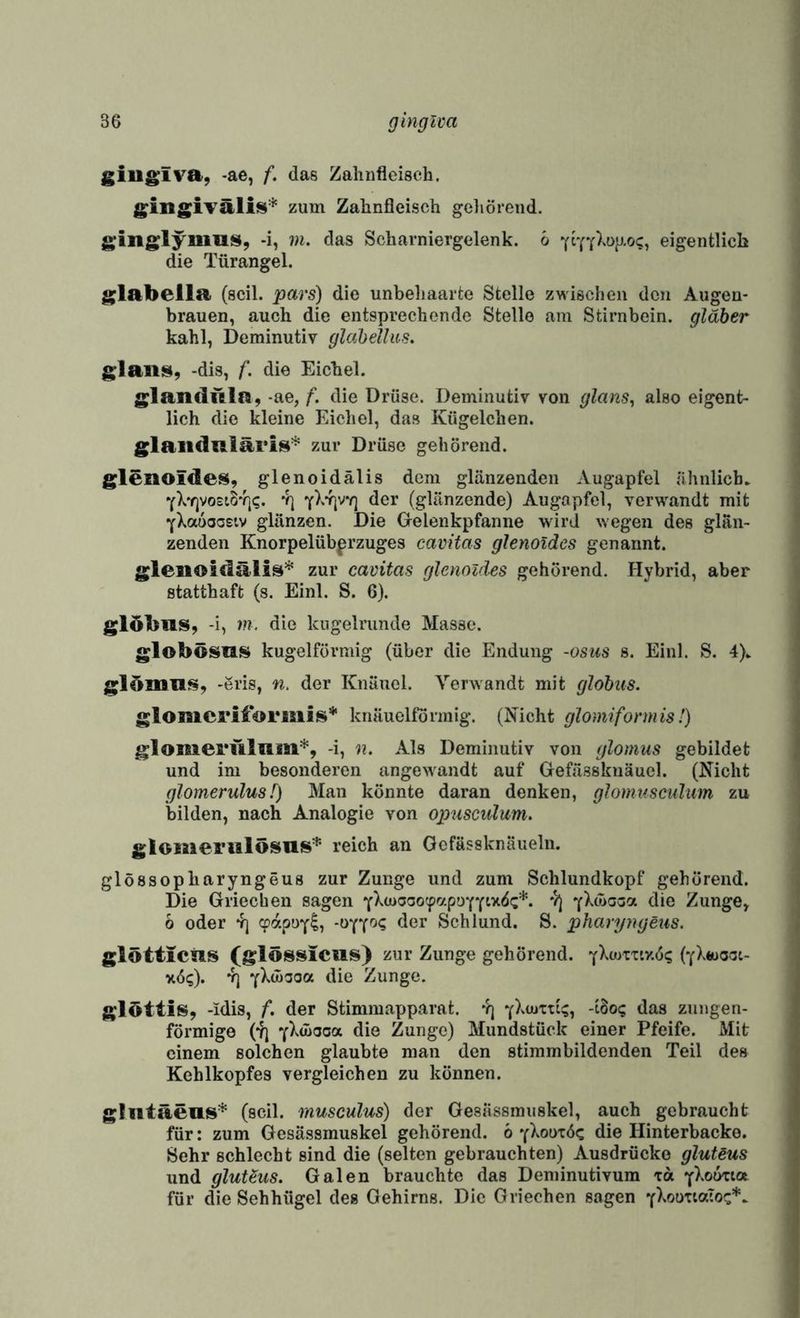 giugiva, -ae, f. das Zahnfleisch. gingiTäli^^ zum Zahnfleisch gcliörend. glnglyiliUjS, -i, m. das Scharniergelenk. 6 yiyyXüij.o?, eigentlich die Türangel. glabeila (seil, pars) die unbehaarte Stelle zwischen den Augen¬ brauen, auch die entsprechende Stelle am Stirnbein, gläber kahl, Deminutiv glahelliis. glaiis, -dis, f. die Eichel. glanclnla, -ae, f. die Drüse. Deminutiv von glans^ also eigent¬ lich die kleine Eichel, das Kügelchen, glaiidnläris'^ zur Drüse gehörend. glenoidei^, glenoidälis dem glänzenden Augapfel ähnlich. YX*r|vo£i8T|(;. *1] (glänzende) Augapfel, verwandt mit yXocooceiv glänzen. Die Gelenkpfanne wird wegen des glän¬ zenden Knorpelübprzuges cavitas glenoidcs genannt. gleMOiflälis* zur cavitas glenozdes gehörend. Hybrid, aber statthaft (s. Einl. S. 6). glöbas, -i, m. die kugelrunde Masse. globösas kugelförmig (über die Endung -osus s. Einl. S. 4). glbmnis, -Sris, n, der Knäuel. Verwandt mit glöbus. glomcriiormis* knäuelfönnig. (Nicht glomiformis!) glomerulam*, -i, n. Als Deminutiv von glomus gebildet und im besonderen angewandt auf Gefässkuäuel. (Nicht glomerulusf) Man könnte daran denken, glomiisculiim zu bilden, nach Analogie von opusculum. glomerulösus'*’ reich an Gcfässknäueln. glössopharyngeus zur Zunge und zum Schlundkopf gehörend. Die Griechen sagen v] YXeoGoa die Zunge, 6 oder yj epdpoy^, •o'fyog der Schlund. S. pharyngeus. glötticUs (glössicus) zur Zunge gehörend, '{koiizr/.dc, (yXnjoci- xö;). Yj yXihooa die Zunge. glbttis, -idis, f. der Stimmapparat. yXmzig, -tSog das zungen¬ förmige (yj yXOiaaoe. die Zunge) Mundstück einer Pfeife. Mit einem solchen glaubte man den stimmbildenden Teil des Kehlkopfes vergleichen zu können. gliitäeus* (seil, musculus) der Gesässmuskel, auch gebraucht für: zum Gesässmuskel gehörend. 6 yXootöc die Hinterbacke. Sehr schlecht sind die (selten gebrauchten) Ausdrücke glutSus und gluteus. Galen brauchte das Deminutivum ta YXoorta für die Sehhügel des Gehirns. Die Griechen sagen