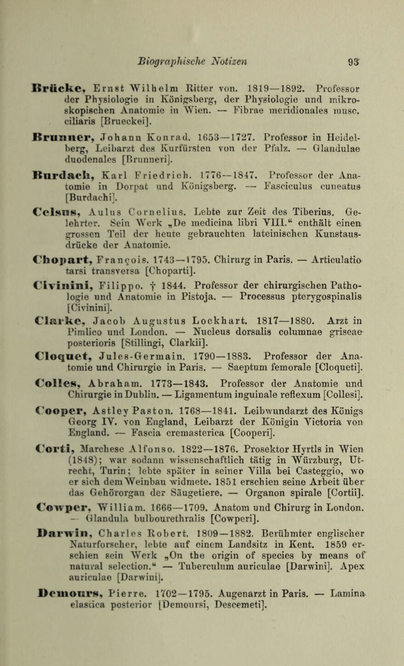 Itrückc, Ernst 'Wilhelm Kitter von. 1819—1892. Professor der Physiologie in Königsberg, der Physiologie und mikro¬ skopischen Anatomie in Wien. — Fibrae mcridionales nnisc. ciliaris [Brucckei]. ruinier, Johann Konrad. 1653—1727. Professor in Heidel¬ berg, Leibarzt des Kurfürsten von der Pfalz. — Glandulae duodenales [nrunncrij. ltnrdaeli, Karl Friedrich. 1776--1847. Professor der Ana¬ tomie in Dorpat und Königsberg. — Faseiculus cuueatus [Burdach i]. Celsius, Aulus Cornelius. Lebte zur Zeit des Tiberius. Ge¬ lehrter. Sein Werk „De medicina libri YlII.“ enthält einen grossen Teil der heute gebrauchten lateinischen Kunstaus¬ drücke der Anatomie. Chopart, Francois. 1743—1795. Chirurg in Paris. — Articulatio tarsi transversa [Choparti]. Clviiiini, Filippo, f 1844. Professor der chirurgischen Patho¬ logie und Anatomie in Pistoja. — Processus ptcrygospinalis [Civinini], Clarke, Jacob Augustus Lockhart. 1817—1880. Arzt in Pimlico und London. — Kucleus dorsalis columnae griseae posterioris [Stillingi, Clarkii]. Cloqnct, Jules-Germain. 1790—1883. Professor der Ana¬ tomie und Chirurgie in Paris. — Saeptum femorale [Cloqueti]. Colles, Abraham. 1773—1843. Professor der Anatomie und Chirurgie in Dublin. — Ligamentum inguinale reflexum [Collesi]. <’ooper, Astley Paston. 1768—1841. Leibwundarzt des Königs Georg IV. von England, Leibarzt der Königin Victoria von England. — Fascia cremasteriea [Cooperi]. Corti, ^farchese Alfonso. 1822—1876. Prosektor Hyrtls in Wien (1848); war sodann wissenschaftlich tätig in Würzburg, Ut¬ recht, Turin; lebte später in seiner Villa bei Casteggio, wo er sich dem Weinbau Avidmete. 1851 erschien seine Arbeit über das Gehörorgan der Säugetiere. — Organon spirale [Cortii]. Coivper, William. 1666—1709. Anatom und Chirurg in London. - Glandula bulbourethralis [Cowperi]. l>arwiii, Charles Robert. 1809 — 1882. Berühmter englischer Naturforscher, lebte auf einem Landsitz in Kent. 1859 er¬ schien sein AVerk „On the origin of species by means of natural selection.“ — Tuberculum auriculae [Darwini]. Apex auriculac [DarwiniJ. UoiiioiirH, Pierre. 1702—1795. Augenarzt in Paris. — Lamina elascica posterior [Demoursi, Descemeti].