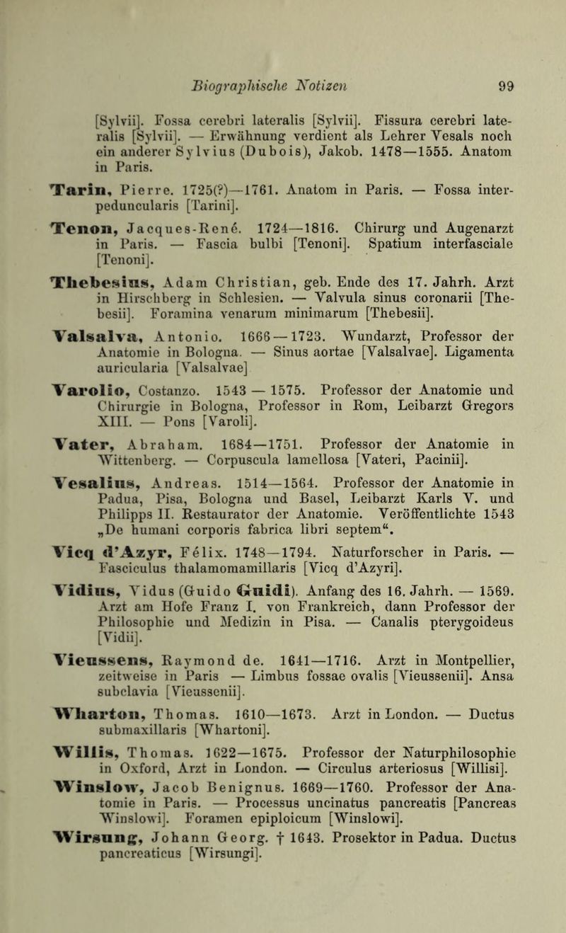 [Sylvii]. Fossa cerebri lateralis [Sylvii]. Fissura cerebri late¬ ralis [Sylvii]. — Erwähnung verdient als Lehrer Yesals noch ein anderer Sy Ivius (Dubois), Jakob. 1478—1555. Anatom in Paris. Tarin, Pierre. 1725(?)—1761. Anatom in Paris. — Fossa inter- peduncularis [Tarini]. Tcnoii, Jacques-Rene. 1724—1816. Chirurg und Augenarzt in Paris. — Fascia bulbi [Tenoni]. Spatium interfasciale [Tenoni]. Tliebesins, Adam Christian, geh. Ende des 17. Jahrh. Arzt in Hirschberg in Schlesien. — Valvula sinus coronarii [The- besii]. Foramina venarum minimarum [Thebesii]. Valsalva, Antonio. 1666 —1723. AVundarzt, Professor der Anatomie in Bologna. — Sinus aortae [Valsalvae]. Ligamenta auricularia [Valsalvae] Varolio, Costanzo. 1543 — 1575. Professor der Anatomie und Chirurgie in Bologna, Professor in Rom, Leibarzt Gregors XIII. — Pons [Varolij. Vater, Abraham. 1684—1751. Professor der Anatomie in AVittenberg. — Corpuscula lamellosa [Vateri, Pacinii]. VesaliiiH, Andreas. 1514—1564. Professor der Anatomie in Padua, Pisa, Bologna und Basel, Leibarzt Karls V. und Philipps II. Restaurator der Anatomie. Veröffentlichte 1543 „De humani corporis fabrica libri septem“. Vicq «l’Azyr, Felix. 1748—1794. Naturforscher in Paris. — Fasciculus thalamoraamillaris [Vicq d’Azyrij. Vidiiis, A’'idus (Guido €rllidi). Anfang des 16. Jahrh. — 1569. Arzt am Hofe Franz I. von Frankreich, dann Professor der Philosophie und Medizin in Pisa. — Canalis pterygoideus [Vidii]. Vienssens, Raymond de. 1641—1716. Arzt in Montpellier, zeitweise in Paris — Limbus fossae ovaüs [A^ieussenii]. Ansa subclavia [Vieusseniij. Whartoii, Thomas. 1610—1673. Arzt in London. — Ductus submaxillaris [AVhartonij. Willis, Th omas. 1622—1675. Professor der Naturphilosophie in Oxford, Arzt in London. — Circulus arteriosus [AVillisi]. W'inslow, Jacob Benignus. 1669—1760. Professor der Ana¬ tomie in Paris. — Processus uncinatus pancreatis [Pancreas AVinslowij. Foramen epiploicum [AVinslowi]. Wirsnng:, Johann Georg, f 1643. Prosektor in Padua. Ductus pancreaticus [AVirsungij.