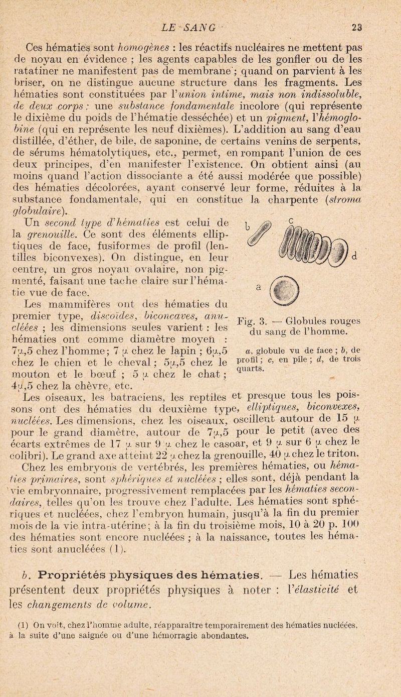 Ces hématies sont homogènes : les réactifs nucléaires ne mettent pas de noyau en évidence ; les agents capables de les gonfler ou de les ratatiner ne manifestent pas de membrane'; quand on parvient à les briser, on ne distingue aucune structure dans les fragments. Les hématies sont constituées par Y-union intime, mais non indissoluble, de deux corps : une substance fondamentale incolore (qui représente le dixième du poids de l’hématie desséchée) et un pigment, Y hémoglo¬ bine (qui en représente les neuf dixièmes). L’addition au sang d’eau distillée, d’éther, de bile, de saponine, de certains venins de serpents, de sérums hématolytiques, etc., permet, en rompant l’union de ces deux principes, d’en manifester l’existence. On obtient ainsi (au moins quand l’action dissociante a été aussi modérée que possible) des hématies décolorées, ayant conservé leur forme, réduites à la substance fondamentale, qui en constitue la charpente (stroma globulaire). Un second type d'hématies est celui de la grenouille. Ce sont des éléments ellip¬ tiques de face, fusiformes de profil (len¬ tilles biconvexes). On distingue, en leur centre, un gros noyau ovalaire, non pig¬ menté, faisant une tache claire sur l’héma¬ tie vue de face. Les mammifères ont des hématies du premier type, discoïdes, biconcaves, anu- cléées ; les dimensions seules varient : les hématies ont comme diamètre moyen : 7[jl,5 chez l’homme; 7 jj chez le lapin ; Ou,5 chez le chien et le cheval ; 5u,5 chez le mouton et le bœuf ; 5 u chez le chat ; 4d,5 chez la chèvre, etc. Les oiseaux, les batraciens, les reptiles et presque tous les pois¬ sons ont des hématies du deuxième type, elliptiques, biconvexes, nuclêées. Les dimensions, chez les oiseaux, oscillent autour de 15 u pour le grand diamètre, autour de 7u,5 pour le petit (avec des écarts extrêmes de 17 u. sur 9 u. chez le casoar, et 9 u sur 6 y chez le colibri). Le grand axe atteint 22 u chez la grenouille, 40 g chez le triton. Chez les embryons de vertébrés, les premières hématies, ou héma¬ ties primaires, sont sphériques et nuclêées ; elles sont, déjà pendant la vie embryonnaire, progressivement remplacées par les hématies secon¬ daires, telles qu’on les trouve chez l’adulte. Les hématies sont sphé¬ riques et nucléées, chez l’embryon humain, jusqu’à la fin du premier mois de la vie intra-utérine; à la fin du troisième mois, 10 à 20 p. 100 des hématies sont encore nucléées ; à la naissance, toutes les héma¬ ties sont anucléées (1). b. Propriétés physiques des hématies. — Les hématies présentent deux propriétés physiques à noter : Vélasticité et les changements de volume. (1) On voit, chez l’homme adulte, réapparaître temporairement des hématies nucléées, à la suite d’une saignée ou d’une hémorragie abondantes. Fig. 3. — Globules rouges du sang de l’homme. a, globule vu de face ; b, de profil ; c, en pile ; d, de trois quarts.
