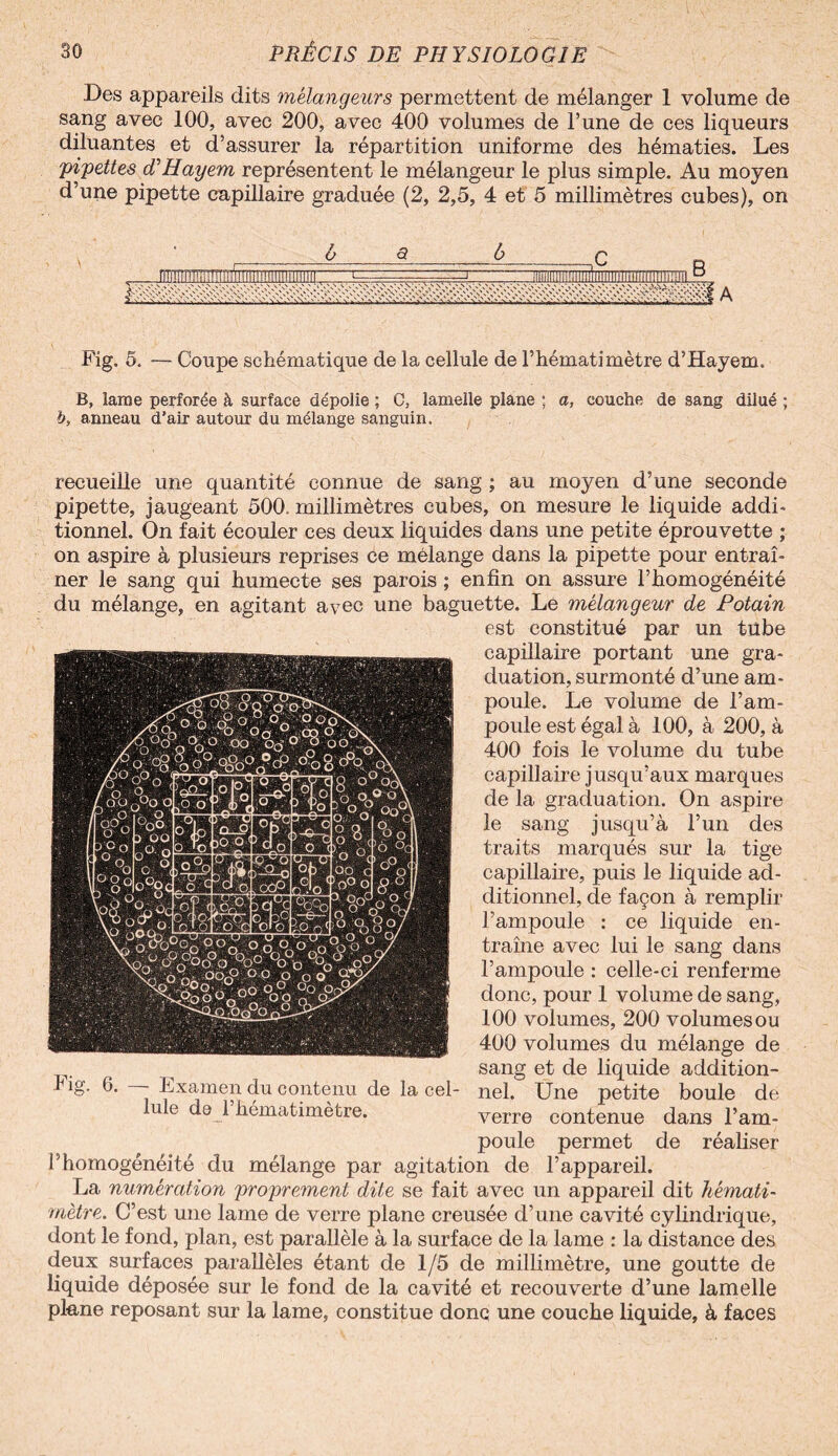 Des appareils dits mélangeurs permettent de mélanger 1 volume de sang avec 100, avec 200, avec 400 volumes de l’une de ces liqueurs diluantes et d’assurer la répartition uniforme des hématies. Les 'pipettes (THayem représentent le mélangeur le plus simple. Au moyen d’une pipette capillaire graduée (2, 2,5, 4 et 5 millimètres cubes), on Fig. 5. — Coupe schématique de la cellule de l’hématimètre d’Hayem. B, lame perforée à surface dépolie ; C, lamelle plane ; a, couche de sang dilué ; b, anneau d'air autour du mélange sanguin. recueille une quantité connue de sang ; au moyen d’une seconde pipette, jaugeant 500. millimètres cubes, on mesure le liquide addi¬ tionnel. On fait écouler ces deux liquides dans une petite éprouvette ; on aspire à plusieurs reprises ce mélange dans la pipette pour entraî¬ ner le sang qui humecte ses parois ; enfin on assure l’homogénéité du mélange, en agitant avec une baguette. Le mélangeur de Potain est constitué par un tube capillaire portant une gra¬ duation, surmonté d’une am¬ poule. Le volume de l’am¬ poule est égal à 100, à 200, à 400 fois le volume du tube capillaire jusqu’aux marques de la graduation. On aspire le sang jusqu’à l’un des traits marqués sur la tige capillaire, puis le liquide ad¬ ditionnel, de façon à remplir l’ampoule : ce liquide en¬ traîne avec lui le sang dans l’ampoule : celle-ci renferme donc, pour 1 volume de sang, 100 volumes, 200 volumes ou 400 volumes du mélange de _ sang et de liquide additîon- rig. 6. —- Examen du contenu de la cel- nel. Une petite boule de Iule de 1 hématimètre. verre contenue dans l’am¬ poule permet de réaliser l’homogénéité du mélange par agitation de l’appareil. La numération proprement dite se fait avec un appareil dit hémati¬ mètre. C’est une lame de verre plane creusée d’une cavité cylindrique, dont le fond, plan, est parallèle à la surface de la lame : la distance des deux surfaces parallèles étant de 1/5 de millimètre, une goutte de liquide déposée sur le fond de la cavité et recouverte d’une lamelle plane reposant sur la lame, constitue donc une couche liquide, à faces