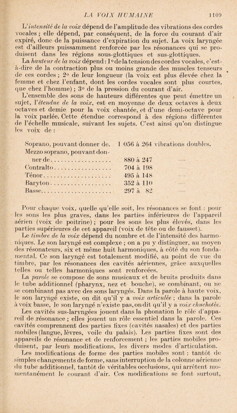 U intensité de la voix dépend de l’amplitude des vibrations des cordes vocales ; elle dépend, par conséquent, de la force du courant d’air expiré, donc de la puissance d’expiration du sujet. La voix laryngée est d’ailleurs puissamment renforcée par les résonances qui se pro¬ duisent dans les régions sous-glottiques et sus-glottiques. La hauteur de la voix dépend: 1° de la tension des cordes vocales, c’est- à-dire de la contraction plus ou moins grande des muscles tenseurs de ces cordes ; 2° de leur longueur (la voix est plus élevée chez la femme et chez l’enfant, dont les cordes vocales sont plus courtes, que chez l’homme) ; 3° de la pression du courant d’air. L’ensemble des sons de hauteurs différentes que peut émettre un sujet, Vétendue de la voix, est en moyenne de deux octaves à deux octaves et demie pour la voix chantée, et d’une demi-octave pour la voix parlée. Cette étendue correspond à des régions différentes de l’échelle musicale, suivant les sujets. C’est ainsi qu’on distingue les voix de : Soprano, pouvant donner de. Mezzo soprano, pouvant don¬ ner de. Contralto. Ténor. Baryton. Basse. 1 056 à 264 vibrations doubles. 880 à 247 704 à 198 495 à 148 352 à 110 297 à 82 Pour chaque voix, quelle qu’elle soit, les résonances se font : poul¬ ies sons les plus graves, dans les parties inférieures de l’appareil aérien (voix de poitrine) ; pour les sons les plus élevés, dans les parties supérieures de cet appareil (voix de tête ou de fausset). Le timbre de la voix dépend du nombre et de l’intensité des harmo¬ niques. Le son laryngé est complexe ; on a pu y distinguer, au moyen des résonateurs, six et même huit harmoniques, à côté du son fonda¬ mental. Ce son laryngé est totalement modifié, au point de vue du timbre, par les résonances des cavités aériennes, grâce auxquelles telles ou telles harmoniques sont renforcées. La parole se compose de sons musicaux et de bruits produits dans le tube additionnel (pharynx, nez et bouche), se combinant, ou ne se combinant pas avec des sons laryngés. Dans la parole à haute voix, le son laryngé existe, on dit qu’il y a voix articulée ; dans la parole à voix basse, le son laryngé n’existe pas, on dit qu’il y a voix chuchotée. Les cavités sus-laryngées jouent dans la phonation le rôle d’appa¬ reil de résonance ; elles jouent un rôle essentiel dans la parole. Ces cavités comprennent des parties fixes (cavités nasales) et des parties mobiles (langue, lèvres, voile du palais). Les parties fixes sont des appareils de résonance et de renforcement ; les parties mobiles pro¬ duisent, par leurs modifications, les divers modes d’articulation. Les modifications de forme des parties mobiles sont : tantôt de simples changements de forme, sans interruption de la colonne aérienne du tube additionnel, tantôt de véritables occlusions, qui arrêtent mo¬ mentanément Je courant d’air. Ces modifications se font surtout,