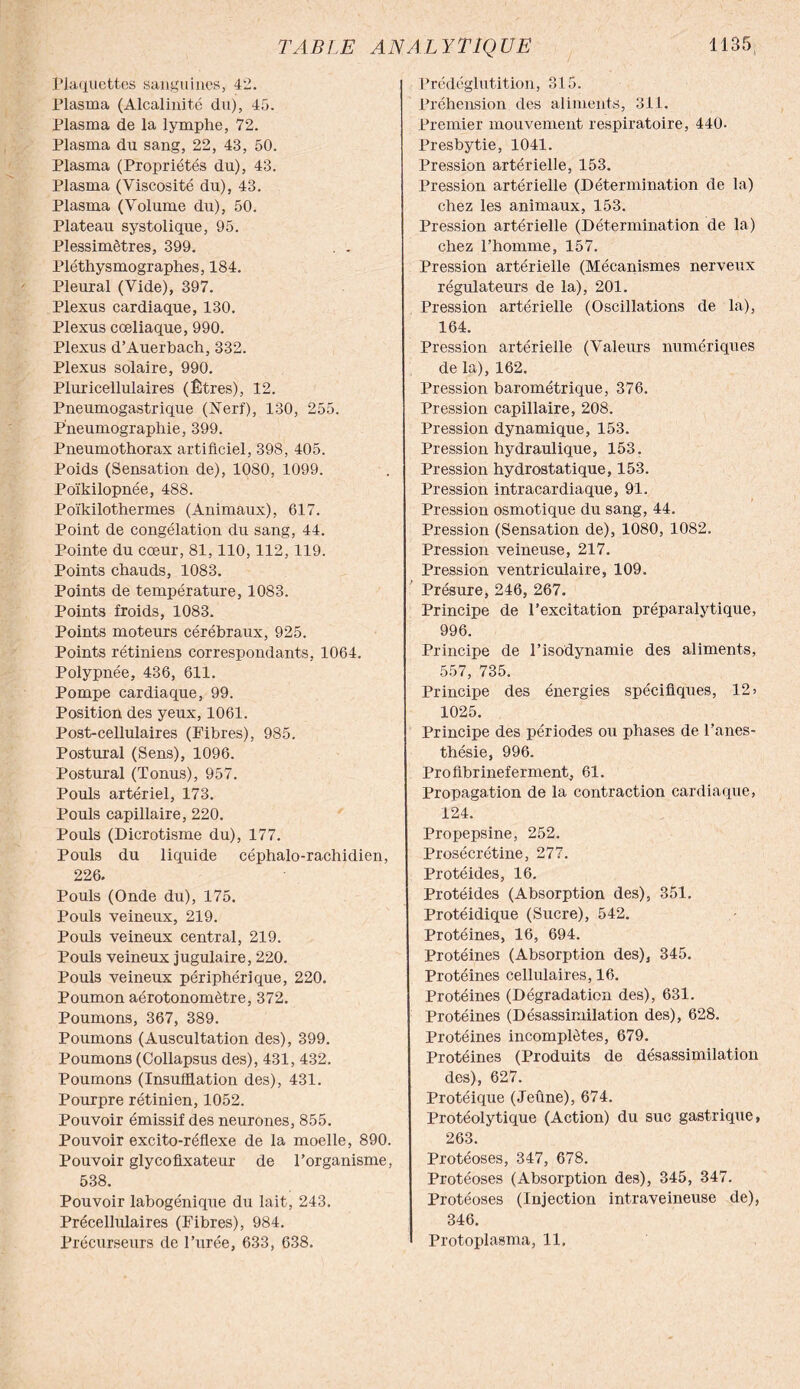 Plaquettes sanguines, 42. Plasma (Alcalinité du), 45. Plasma de la lymphe, 72. Plasma du sang, 22, 43, 50. Plasma (Propriétés du), 43. Plasma (Viscosité du), 43. Plasma (Volume du), 50. Plateau systolique, 95. Plessimètres, 399. . . Pléthysmographes, 184. Pleural (Vide), 397. Plexus cardiaque, 130. Plexus cœliaque, 990. Plexus d’Auerbach, 332. Plexus solaire, 990. Pluricellulaires (Êtres), 12. Pneumogastrique (JSTerf), 130, 255. P'neumographie, 399. Pneumothorax artificiel, 398, 405. Poids (Sensation de), 1080, 1099. Poïkilopnée, 488. Poïkilothermes (Animaux), 617. Point de congélation du sang, 44. Pointe du cœur, 81,110,112, 119. Points chauds, 1083. Points de température, 1083. Points froids, 1083. Points moteurs cérébraux, 925. Points rétiniens correspondants, 1064. Polypnée, 436, 611. Pompe cardiaque, 99. Position des yeux, 1061. Post-cellulaires (Fibres), 985. Postural (Sens), 1096. Postural (Tonus), 957. Pouls artériel, 173. Pouls capillaire, 220. Pouls (Dicrotisme du), 177. Pouls du liquide céphalo-rachidien, 226. Pouls (Onde du), 175. Pouls veineux, 219. Pouls veineux central, 219. Pouls veineux jugulaire, 220. Pouls veineux périphérique, 220. Poumon aérotonomètre, 372. Poumons, 367, 389. Poumons (Auscultation des), 399. Poumons (Collapsus des), 431, 432. Poumons (Insufflation des), 431. Pourpre rétinien, 1052. Pouvoir émissif des neurones, 855. Pouvoir excito-réflexe de la moelle, 890. Pouvoir glycofixateur de l’organisme, 538. Pouvoir labogénique du lait, 243. Précellulaires (Fibres), 984. Précurseurs de l’urée, 633, 638. Prédéglutition, 315. Préhension des aliments, 311. Premier mouvement respiratoire, 440. Presbytie, 1041. Pression artérielle, 153. Pression artérielle (Détermination de la) chez les animaux, 153. Pression artérielle (Détermination de la) chez l’homme, 157. Pression artérielle (Mécanismes nerveux régulateurs de la), 201. Pression artérielle (Oscillations de la), 164. Pression artérielle (Valeurs numériques de la), 162. Pression barométrique, 376. Pression capillaire, 208. Pression dynamique, 153. Pression hydraulique, 153. Pression hydrostatique, 153. Pression intracardiaque, 91. Pression osmotique du sang, 44. Pression (Sensation de), 1080, 1082. Pression veineuse, 217. Pression ventriculaire, 109. Présure, 246, 267. Principe de l’excitation préparalytique, 996. Principe de l’isodynamie des aliments, 557, 735. Principe des énergies spécifiques, 12 > 1025. Principe des périodes ou phases de l’anes¬ thésie, 996. Profibrineîerment, 61. Propagation de la contraction cardiaque, 124. Propepsine, 252. Prosécrétine, 277. Protéides, 16. Protéides (Absorption des), 351. Protéidique (Sucre), 542. Protéines, 16, 694. Protéines (Absorption des), 345. Protéines cellulaires, 16. Protéines (Dégradation des), 631. Protéines (Désassimilation des), 628. Protéines incomplètes, 679. Protéines (Produits de désassimilation des), 627. Protéique (Jeûne), 674. Protéolytique (Action) du suc gastrique, 263. Protéoses, 347, 678. Protéoses (Absorption des), 345, 347. Protéoses (Injection intraveineuse de), 346. Protoplasma, 11.