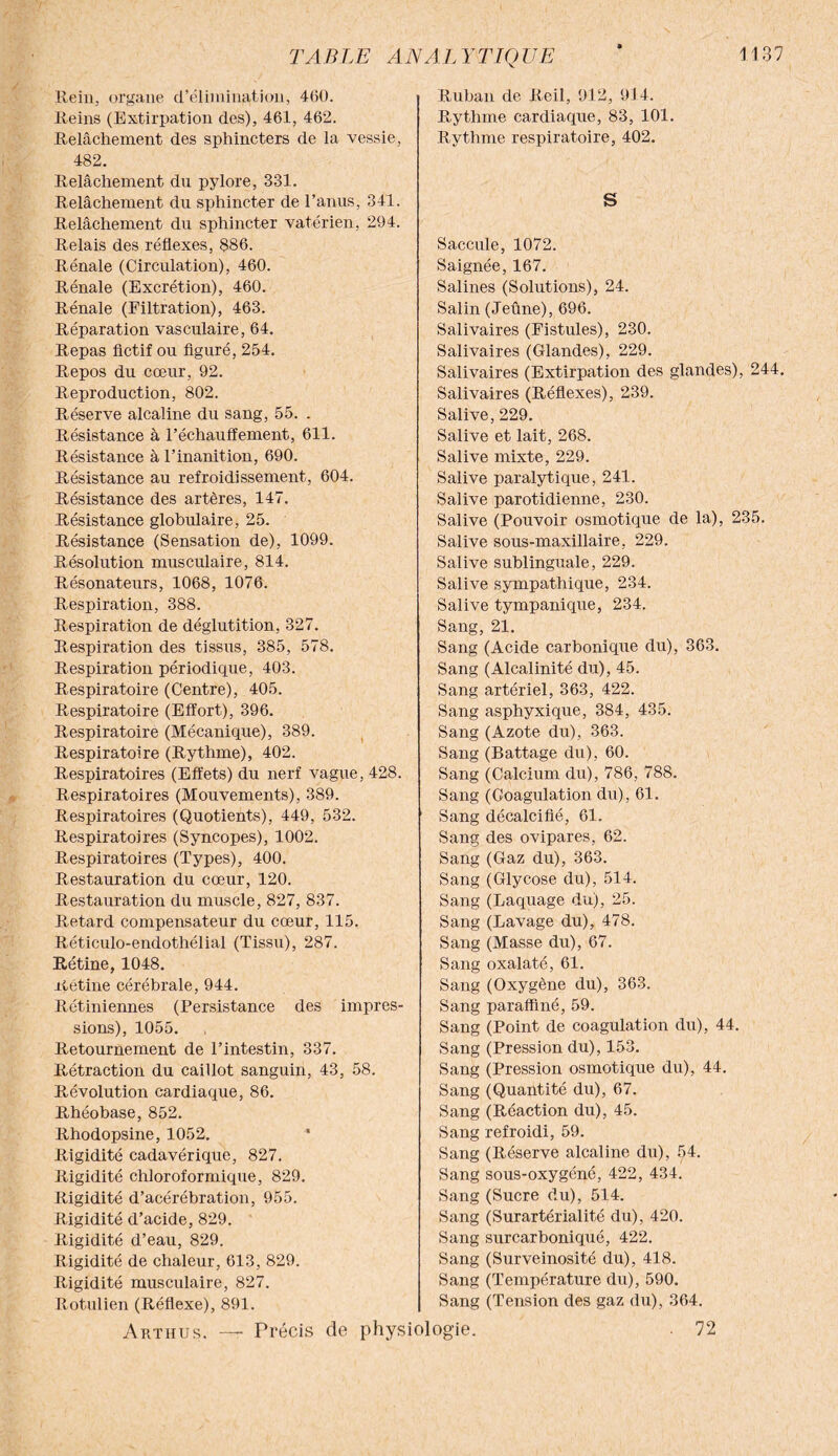 Rein, organe d’élimination, 460. Reins (Extirpation des), 461, 462. Relâchement des sphincters de la vessie, 482. Relâchement du pylore, 331. Relâchement du sphincter de l’anus, 341. Relâchement du sphincter vatérien, 294. Relais des réflexes, 886. Rénale (Circulation), 460. Rénale (Excrétion), 460. Rénale (Filtration), 463. Réparation vasculaire, 64. Repas fictif ou figuré, 254. Repos du cœur, 92. Reproduction, 802. Réserve alcaline du sang, 55. . Résistance à Réchauffement, 611. Résistance à l’inanition, 690. Résistance au refroidissement, 604. Résistance des artères, 147. Résistance globulaire, 25. Résistance (Sensation de), 1099. Résolution musculaire, 814. Résonateurs, 1068, 1076. Respiration, 388. Respiration de déglutition, 327. Respiration des tissus, 385, 578. Respiration périodique, 403. Respiratoire (Centre), 405. Respiratoire (Effort), 396. Respiratoire (Mécanique), 389. Respiratoire (Rythme), 402. Respiratoires (Effets) du nerf vague, 428. Respiratoires (Mouvements), 389. Respiratoires (Quotients), 449, 532. Respiratoires (Syncopes), 1002. Respiratoires (Types), 400. Restauration du cœur, 120. Restauration du muscle, 827, 837. Retard compensateur du cœur, 115. Réticulo-endothélial (Tissu), 287. Rétine, 1048. Rétine cérébrale, 944. Rétiniennes (Persistance des impres¬ sions), 1055. Retournement de l’intestin, 337. Rétraction du caillot sanguin, 43, 58. Révolution cardiaque, 86. Rhéobase, 852. Rhodopsine, 1052. Rigidité cadavérique, 827. Rigidité chloroformique, 829. Rigidité d’acérébration, 955. Rigidité d’acide, 829. Rigidité d’eau, 829. Rigidité de chaleur, 613, 829. Rigidité musculaire, 827. Rotulien (Réflexe), 891. Arthus, Ruban de Reil, 912, 914. Rythme cardiaque, 83, 101. Rythme respiratoire, 402. S Saccule, 1072. Saignée, 167. Salines (Solutions), 24. Salin (Jeûne), 696. Salivaires (Fistules), 230. Salivaires (Glandes), 229. Salivaires (Extirpation des glandes), 244. Salivaires (Réflexes), 239. Salive, 229. Salive et lait, 268. Salive mixte, 229. Salive paralytique, 241. Salive parotidienne, 230. Salive (Pouvoir osmotique de la), 235. Salive sous-maxillaire, 229. Salive sublinguale, 229. Salive sympathique, 234. Salive tympanique, 234. Sang, 21. Sang (Acide carbonique du), 363. Sang (Alcalinité du), 45. Sang artériel, 363, 422. Sang asphyxique, 384, 435. Sang (Azote du), 363. Sang (Battage du), 60. Sang (Calcium du), 786, 788. Sang (Coagulation du), 61. Sang décalcifié, 61. Sang des ovipares, 62. Sang (Gaz du), 363. Sang (Glycose du), 514. Sang (Laquage du), 25. Sang (Lavage du), 478. Sang (Masse du), 67. Sang oxalaté, 61. Sang (Oxygène du), 363. Sang paraffiné, 59. Sang (Point de coagulation du), 44. Sang (Pression du), 153. Sang (Pression osmotique du), 44. Sang (Quantité du), 67. Sang (Réaction du), 45. Sang refroidi, 59. Sang (Réserve alcaline du), 54. Sang sous-oxygéné, 422, 434. Sang (Sucre du), 514. Sang (Surartérialité du), 420. Sang surcarboniqué, 422. Sang (Surveinosité du), 418. Sang (Température du), 590. Sang (Tension des gaz du), 364. 72 Précis de physiologie.