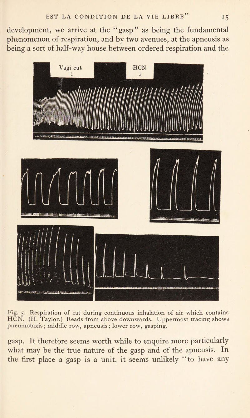 development, we arrive at the “gasp” as being the fundamental phenomenon of respiration, and by two avenues, at the apneusis as being a sort of half-way house between ordered respiration and the Fig. 5. Respiration of cat during continuous inhalation of air which contains HCN. (H. Taylor.) Reads from above downwards. Uppermost tracing shows pneumotaxis; middle row, apneusis; lower row, gasping. gasp. It therefore seems worth while to enquire more particularly what may be the true nature of the gasp and of the apneusis. In the first place a gasp is a unit, it seems unlikely “to have any