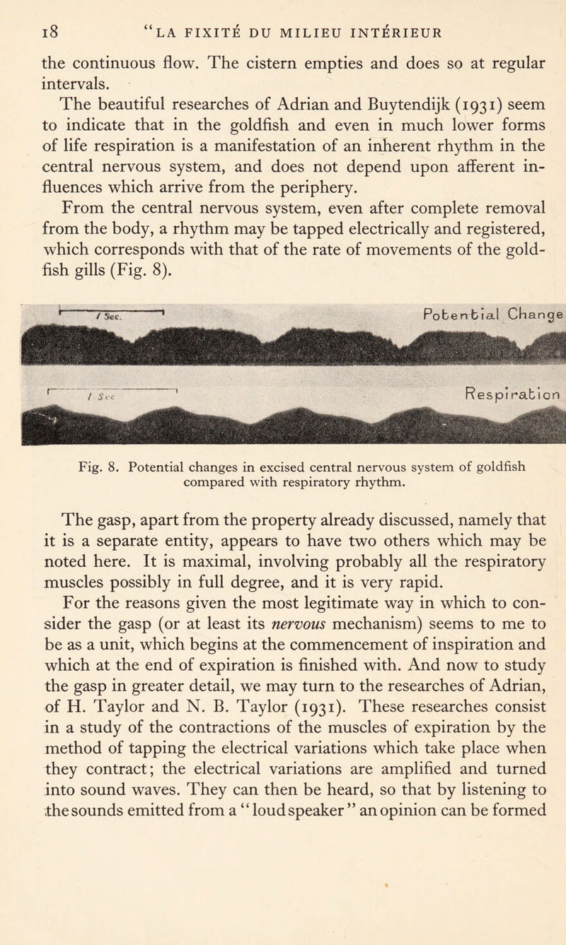 the continuous flow. The cistern empties and does so at regular intervals. The beautiful researches of Adrian and Buytendijk (1931) seem to indicate that in the goldfish and even in much lower forms of life respiration is a manifestation of an inherent rhythm in the central nervous system, and does not depend upon afferent in- fluences which arrive from the periphery. From the central nervous system, even after complete removal from the body, a rhythm may be tapped electrically and registered, which corresponds with that of the rate of movements of the gold- fish gills (Fig. 8). Fig. 8. Potential changes in excised central nervous system of goldfish compared with respiratory rhythm. The gasp, apart from the property already discussed, namely that it is a separate entity, appears to have two others which may be noted here. It is maximal, involving probably all the respiratory muscles possibly in full degree, and it is very rapid. For the reasons given the most legitimate way in which to con- sider the gasp (or at least its nervous mechanism) seems to me to be as a unit, which begins at the commencement of inspiration and which at the end of expiration is finished with. And now to study the gasp in greater detail, we may turn to the researches of Adrian, of H. Taylor and N. B. Taylor (1931). These researches consist in a study of the contractions of the muscles of expiration by the method of tapping the electrical variations which take place when they contract; the electrical variations are amplified and turned into sound waves. They can then be heard, so that by listening to the sounds emitted from a “ loudspeaker ” an opinion can be formed