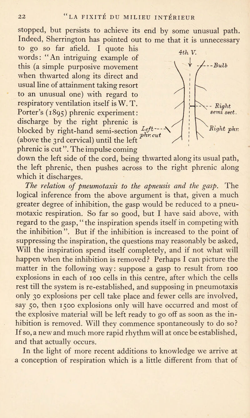 Bulb - Right semi sect. 'Right jphr. stopped, but persists to achieve its end by some unusual path. Indeed, Sherrington has pointed out to me that it is unnecessary to go so far afield. I quote his words: “An intriguing example of this (a simple purposive movement when thwarted along its direct and usual line of attainment taking resort to an unusual one) with regard to respiratory ventilation itself is W. T. Porter’s (1895) phrenic experiment: discharge by the right phrenic is blocked by right-hand semi-section (above the 3rd cervical) until the left phrenic is cut The impulse coming down the left side of the cord, being thwarted along its usual path, the left phrenic, then pushes across to the right phrenic along which it discharges. The relation of pneumotaxis to the apneusis and the gasp. The logical inference from the above argument is that, given a much greater degree of inhibition, the gasp would be reduced to a pneu- motaxic respiration. So far so good, but I have said above, with regard to the gasp, “the inspiration spends itself in competing with the inhibition”. But if the inhibition is increased to the point of suppressing the inspiration, the questions may reasonably be asked, Will the inspiration spend itself completely, and if not what will happen when the inhibition is removed? Perhaps I can picture the matter in the following way: suppose a gasp to result from 100 explosions in each of 100 cells in this centre, after which the cells rest till the system is re-established, and supposing in pneumotaxis only 30 explosions per cell take place and fewer cells are involved, say 50, then 1500 explosions only will have occurred and most of the explosive material will be left ready to go off as soon as the in- hibition is removed. Will they commence spontaneously to do so? If so, a new and much more rapid rhythm will at once be established, and that actually occurs. In the light of more recent additions to knowledge we arrive at a conception of respiration which is a little different from that of