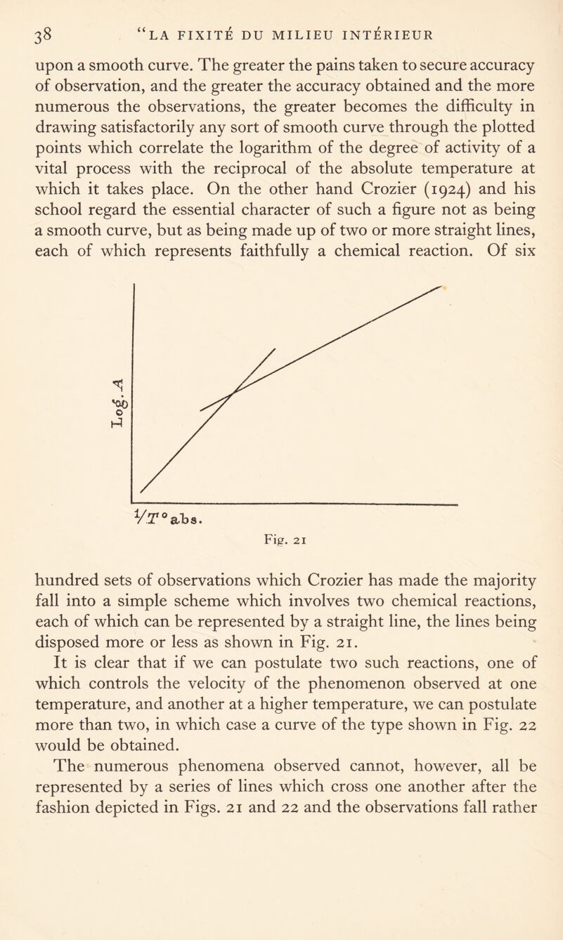 upon a smooth curve. The greater the pains taken to secure accuracy of observation, and the greater the accuracy obtained and the more numerous the observations, the greater becomes the difficulty in drawing satisfactorily any sort of smooth curve through the plotted points which correlate the logarithm of the degree of activity of a vital process with the reciprocal of the absolute temperature at which it takes place. On the other hand Crozier (1924) and his school regard the essential character of such a figure not as being a smooth curve, but as being made up of two or more straight lines, each of which represents faithfully a chemical reaction. Of six Fig. 21 hundred sets of observations which Crozier has made the majority fall into a simple scheme which involves two chemical reactions, each of which can be represented by a straight line, the lines being disposed more or less as shown in Fig. 21. It is clear that if we can postulate two such reactions, one of which controls the velocity of the phenomenon observed at one temperature, and another at a higher temperature, we can postulate more than two, in which case a curve of the type shown in Fig. 22 would be obtained. The numerous phenomena observed cannot, however, all be represented by a series of lines which cross one another after the fashion depicted in Figs. 21 and 22 and the observations fall rather