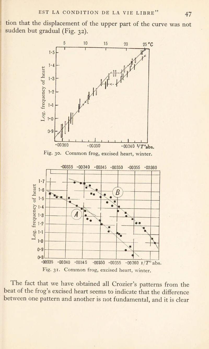 tion that the displacement of the upper part of the curve was not sudden but gradual (Fig. 32). 5 10 15 20 25 °C Fig. 30. Common frog, excised heart, winter. 1*7 <u 5* 1-4 G £ 1*3 CT1 2 1-2 <4H bb M o J 1-0 00335 -00340 -00345 -00350 -00355 -00360 0-9 0-8 V : § n \ ■ \J \ • ^ 3) - • \» * -(a). -• * \ A •• N « • mm \ \ • N \ B A \ \ •00335 - 00340 - 00345 - 00350 - 00355 - 00360 i/^abs. Fig. 31. Common frog, excised heart, winter. The fact that we have obtained all Crozier’s patterns from the beat of the frog’s excised heart seems to indicate that the difference between one pattern and another is not fundamental, and it is clear