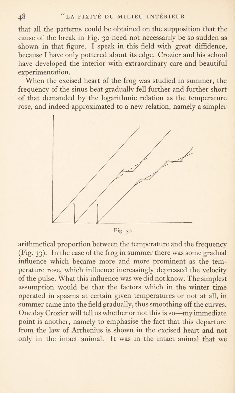 that all the patterns could be obtained on the supposition that the cause of the break in Fig. 30 need not necessarily be so sudden as shown in that figure. I speak in this field with great diffidence, because I have only pottered about its edge. Crozier and his school have developed the interior with extraordinary care and beautiful experimentation. When the excised heart of the frog was studied in summer, the frequency of the sinus beat gradually fell further and further short of that demanded by the logarithmic relation as the temperature rose, and indeed approximated to a new relation, namely a simpler arithmetical proportion between the temperature and the frequency (Fig. 33). In the case of the frog in summer there was some gradual influence which became more and more prominent as the tem- perature rose, which influence increasingly depressed the velocity of the pulse. What this influence was we did not know. The simplest assumption would be that the factors which in the winter time operated in spasms at certain given temperatures or not at all, in summer came into the field gradually, thus smoothing off the curves. One day Crozier will tell us whether or not this is so—my immediate point is another, namely to emphasise the fact that this departure from the law of Arrhenius is shown in the excised heart and not only in the intact animal. It was in the intact animal that we