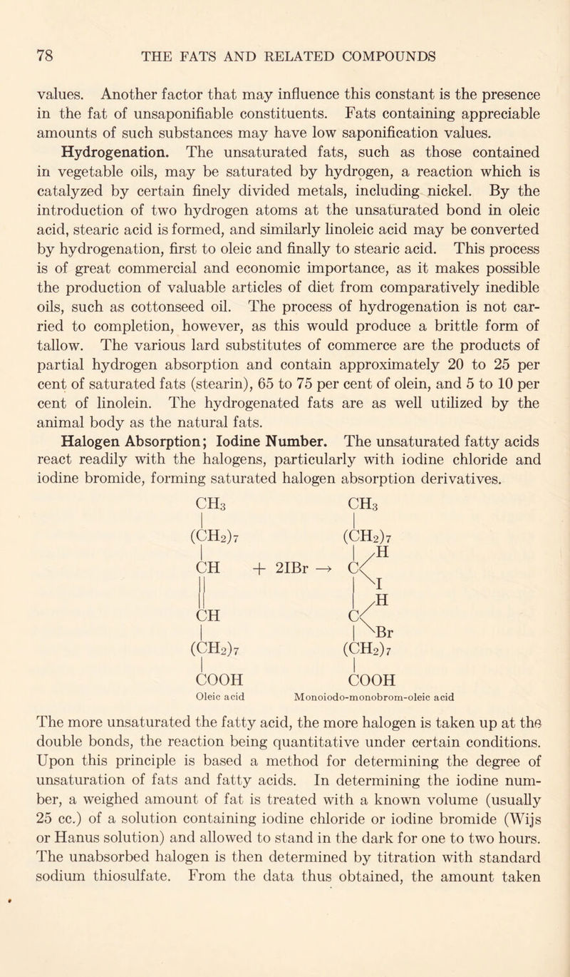 values. Another factor that may influence this constant is the presence in the fat of unsaponifiable constituents. Fats containing appreciable amounts of such substances may have low saponification values. Hydrogenation. The unsaturated fats, such as those contained in vegetable oils, may be saturated by hydrogen, a reaction which is catalyzed by certain finely divided metals, including nickel. By the introduction of two hydrogen atoms at the unsaturated bond in oleic acid, stearic acid is formed, and similarly linoleic acid may be converted by hydrogenation, first to oleic and finally to stearic acid. This process is of great commercial and economic importance, as it makes possible the production of valuable articles of diet from comparatively inedible oils, such as cottonseed oil. The process of hydrogenation is not car- ried to completion, however, as this would produce a brittle form of tallow. The various lard substitutes of commerce are the products of partial hydrogen absorption and contain approximately 20 to 25 per cent of saturated fats (stearin), 65 to 75 per cent of olein, and 5 to 10 per cent of linolein. The hydrogenated fats are as well utilized by the animal body as the natural fats. Halogen Absorption; Iodine Number. The unsaturated fatty acids react readily with the halogens, particularly with iodine chloride and iodine bromide, forming saturated halogen absorption derivatives. CHs (CH2)7 CH + 2IBr CH (CH2)7 COOH CHs (CH2)7 I /H <1 I ^Br (CHs)? COOH Oleic acid Monoiodo-monobrom-oleic acid The more unsaturated the fatty acid, the more halogen is taken up at the double bonds, the reaction being quantitative under certain conditions. Upon this principle is based a method for determining the degree of unsaturation of fats and fatty acids. In determining the iodine num- ber, a weighed amount of fat is treated with a known volume (usually 25 cc.) of a solution containing iodine chloride or iodine bromide (Wijs or Hanus solution) and allowed to stand in the dark for one to two hours. The unabsorbed halogen is then determined by titration with standard sodium thiosulfate. From the data thus obtained, the amount taken