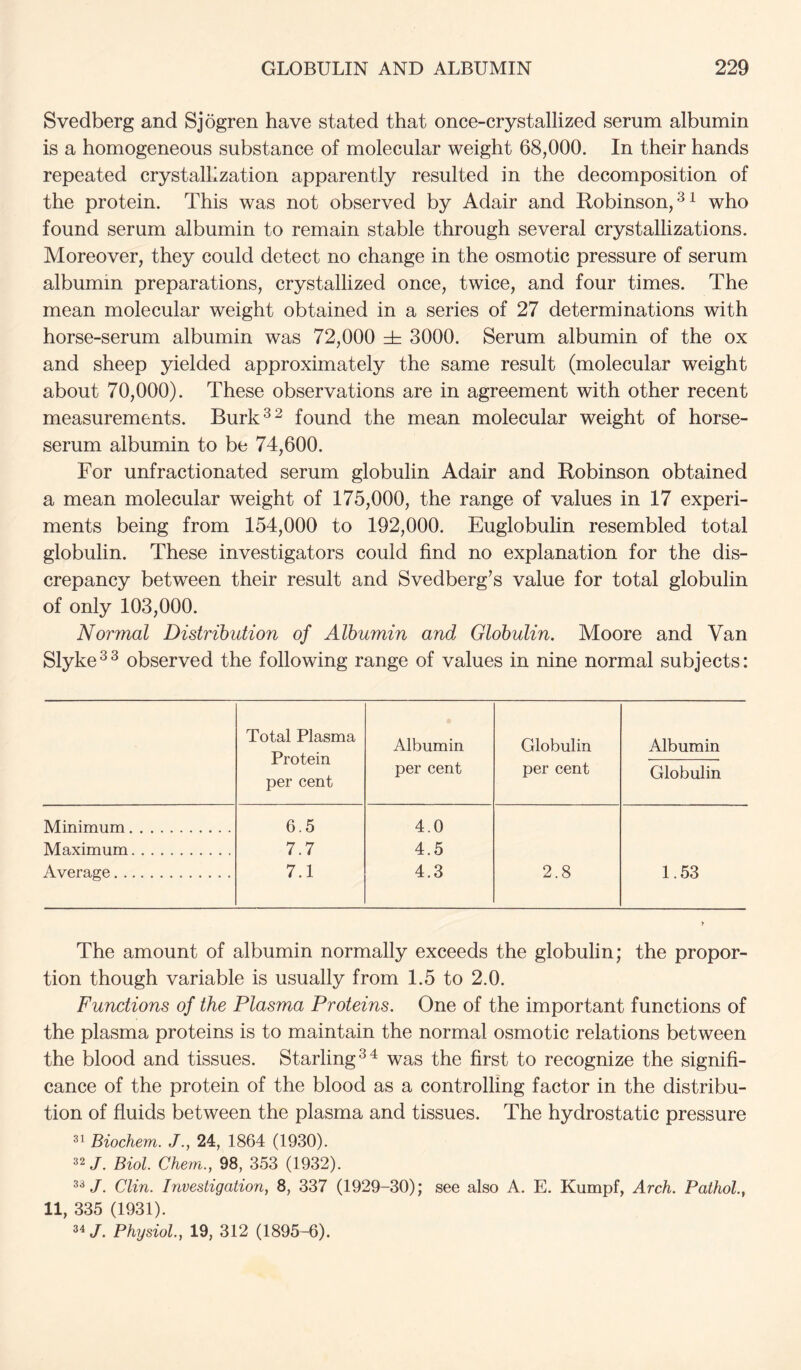 Svedberg and Sjogren have stated that once-crystallized serum albumin is a homogeneous substance of molecular weight 68,000. In their hands repeated crystallization apparently resulted in the decomposition of the protein. This was not observed by Adair and Robinson, who found serum albumin to remain stable through several crystallizations. Moreover, they could detect no change in the osmotic pressure of serum albumin preparations, crystallized once, twice, and four times. The mean molecular weight obtained in a series of 27 determinations with horse-serum albumin was 72,000 d= 3000. Serum albumin of the ox and sheep yielded approximately the same result (molecular weight about 70,000). These observations are in agreement with other recent measurements. Burk^^ found the mean molecular weight of horse- serum albumin to be 74,600. For unfractionated serum globulin Adair and Robinson obtained a mean molecular weight of 175,000, the range of values in 17 experi- ments being from 154,000 to 192,000. Euglobulin resembled total globulin. These investigators could find no explanation for the dis- crepancy between their result and Svedberg’s value for total globulin of only 103,000. Normal Distribution of Albumin and Globulin. Moore and Van Slyke^^ observed the following range of values in nine normal subjects: Total Plasma Protein per cent Albumin per cent Globulin per cent Albumin Globulin Minimum 6.5 4.0 Maximum 7.7 4.5 Average 7.1 4.3 2.8 1.53 The amount of albumin normally exceeds the globulin; the propor- tion though variable is usually from 1.5 to 2.0. Functions of the Plasma Proteins. One of the important functions of the plasma proteins is to maintain the normal osmotic relations between the blood and tissues. Starling was the first to recognize the signifi- cance of the protein of the blood as a controlling factor in the distribu- tion of fluids between the plasma and tissues. The hydrostatic pressure Biochem. J., 24, 1864 (1930). 32/. Biol. Chem., 98, 353 (1932). 33/. Clin. Investigation, 8, 337 (1929-30); see also A. E. Kumpf, Arch. Pathol., 11, 335 (1931). 34 /. Physiol, 19, 312 (1895-6).