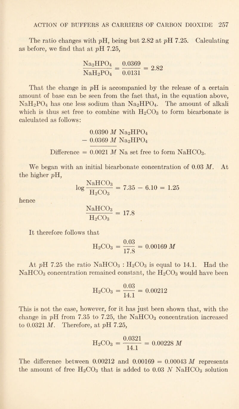 The ratio changes with pH, being but 2.82 at pH 7.25. Calculating as before, we find that at pH 7.25, Na2HP04 0.0369 _ 2 89 NaH2P04 0.0131 That the change in pH is accompanied by the release of a certain amount of base can be seen from the fact that, in the equation above, NaH2P04 has one less sodium than Na2HP04. The amount of alkali which is thus set free to combine with H2CO3 to form bicarbonate is calculated as follows: 0.0390 M Na2HP04 — 0.0369 M Na2HP04 Difference = 0.0021 M Na set free to form NaHCOs. We began with the higher pH, hence It therefore follows that H2CO3 = ^ = 0.00169 M 17.8 At pH 7.25 the ratio NaHCOs : H2CO3 is equal to 14.1. Had the NaHCOs concentration remained constant, the H2CO3 would have been H2CO3 = — = 0.00212 14.1 This is not the case, however, for it has just been shown that, with the change in pH from 7.35 to 7.25, the NaHCOs concentration increased to 0.0321 M. Therefore, at pH 7.25, 0-0321 H2CO3 = —— = 0.00228 M 14.1 The difference between 0.00212 and 0.00169 = 0.00043 M represents the amount of free H2CO3 that is added to 0.03 N NaHCOs solution an initial bicarbonate concentration of 0.03 M. At , NaHCOs log - = 7.35 - 6.10 = 1.25 NaHCOs H2CO3 = 17.8