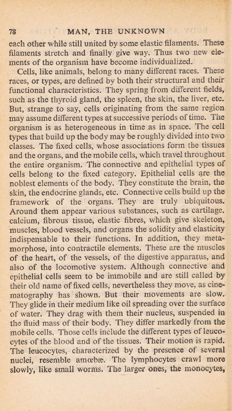 « each other while still united by some elastic filaments. These filaments stretch and finally give way. Thus two new ele- ments of the organism have become individualized. Cells, like animals, belong to many different races. These races, or types, are defined by both their structural and their functional characteristics. They spring from different fields, such as the thyroid gland, the spleen, the skin, the liver, etc. But, strange to say, cells originating from the same region may assume different types at successive periods of time. The organism is as heterogeneous in time as in space. The cell types that build up the body may be roughly divided into two classes. The fixed cells, whose associations form the tissues and the organs, and the mobile cells, which travel throughout the entire organism. The connective and epithelial types of cells belong to the fixed category. Epithelial cells are the noblest elements of the body. They constitute the brain, the skin, the endocrine glands, etc. Connective cells build up the framework of the organs. They are truly ubiquitous. Around them appear various substances, such as cartilage, calcium, fibrous tissue, elastic fibres, which give skeleton, muscles, blood vessels, and organs the solidity and elasticity indispensable to their functions. In addition, they meta- morphose, into contractile elements. These are the muscles of the heart, of the vessels, of the digestive apparatus, and also of the locomotive system. Although connective and epithelial cells seem to be immobile and are still called by their old name of fixed cells, nevertheless they move, as cine- matography has shown. But their movements are slow. They glide in their medium like oil spreading over the surface of water. They drag with them their nucleus, suspended in the fluid mass of their body. They differ markedly from the mobile cells. Those cells include the different types of leuco- cytes of the blood and of the tissues. Their motion is rapid. The leucocytes, characterized by the presence of several nuclei, resemble amœbæ. The lymphocytes crawl more slowly, like small worms. The larger ones* the monocytes*