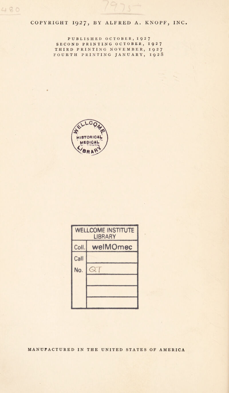 COPYRIGHT I927, BY ALFRED A. KNOPF, INC PUBLISHED OCTOBER,1927 SECOND PRINTING OCTOBER, I 92 7 THIRD PRINTING NOVEMBER, 1927 FOURTH PRINTING JANUARY, 1928 WELLCOME INSTITUTE LIBRARY Coll. welMOmec Call No. <STf MANUFACTURED IN THE UNITED STATES OF AMERICA