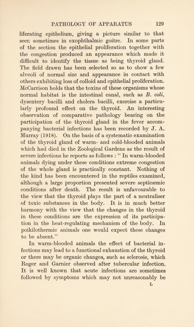 liferating epithelium, giving a picture similar to that seen sometimes in exophthalmic goitre. In some parts of the section the epithelial proliferation together with the congestion produced an appearance which made it difficult to identify the tissue as being thyroid gland. The field drawn has been selected so as to show a few alveoli of normal size and appearance in contact with others exhibiting loss of colloid and epithelial proliferation. McCarrison holds that the toxins of these organisms whose normal habitat is the intestinal canal, such as B. coli, dysentery bacilli and cholera bacilli, exercise a particu- larly profound effect on the thyroid. An interesting observation of comparative pathology bearing on the participation of the thyroid gland in the fever accom- panying bacterial infections has been recorded by J. A. Murray (1918). On the basis of a systematic examination of the thyroid gland of warm- and cold-blooded animals wffiich had died in the Zoological Gardens as the result of severe infections he reports as follows : “ In warm-blooded animals dying under these conditions extreme congestion of the whole gland is practically constant. Nothing of the kind has been encountered in the reptiles examined, although a large proportion presented severe septicsemic conditions after death. The result is unfavourable to the view that the thyroid plays the part of a neutraliser of toxic substances in the body. It is in much better harmony with the view that the changes in the thyroid in these conditions are the expression of its participa- tion in the heat-regulating mechanism of the body. In poikilothermic animals one would expect these changes to be absent.” In warm-blooded animals the effect of bacterial in- fections may lead to a functional exhaustion of the thyroid or there may be organic changes, such as sclerosis, which Roger and Gamier observed after tubercular infection. It is well known that acute infections are sometimes followed by symptoms which may not unreasonably be L
