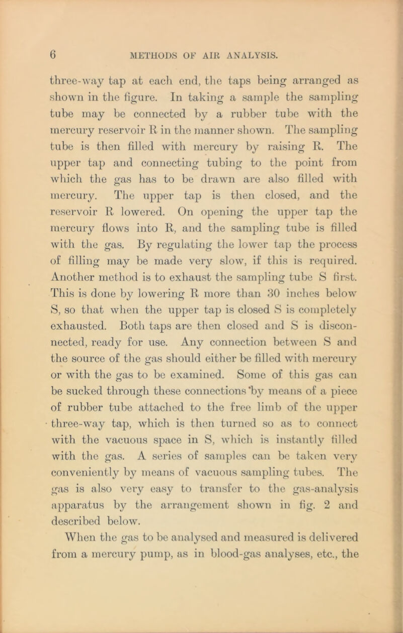 three-way tap at eacli end, the taps being arranged as shown in the figure. In taking a sample the sampling tube may be connected by a rubber tube with the mercury reservoir It in the manner shown. The sampling tube is then filled with mercury by raising It. The upper tap and connecting tubing to the point from which the gas has to be drawn are also filled with mercury. The upper tap is then closed, and the reservoir R lowered. On opening the upper tap the mercury flows into R, and the sampling tube is filled with the gas. By regulating the lower tap the process of filling may be made very slow, if this is required. Another method is to exhaust the sampling tube S first. This is done by lowering R more than 30 inches below S, so that when the upper tap is closed S is completely exhausted. Both taps are then closed and S is discon¬ nected, ready for use. Any connection between S and the source of the gas should either be filled with mercury or with the gas to be examined. Some of this gas can be sucked through these connections ’by means of a piece of rubber tube attached to the free limb of the upper three-way tap, which is then turned so as to connect with the vacuous space in S, which is instantly filled with the gas. A series of samples can be taken very conveniently by means of vacuous sampling tubes. The gas is also very easy to transfer to the gas-analysis apparatus by the arrangement shown in fig. 2 and described below. When the gas to be analysed and measured is delivered from a mercury pump, as in blood-gas analyses, etc., the