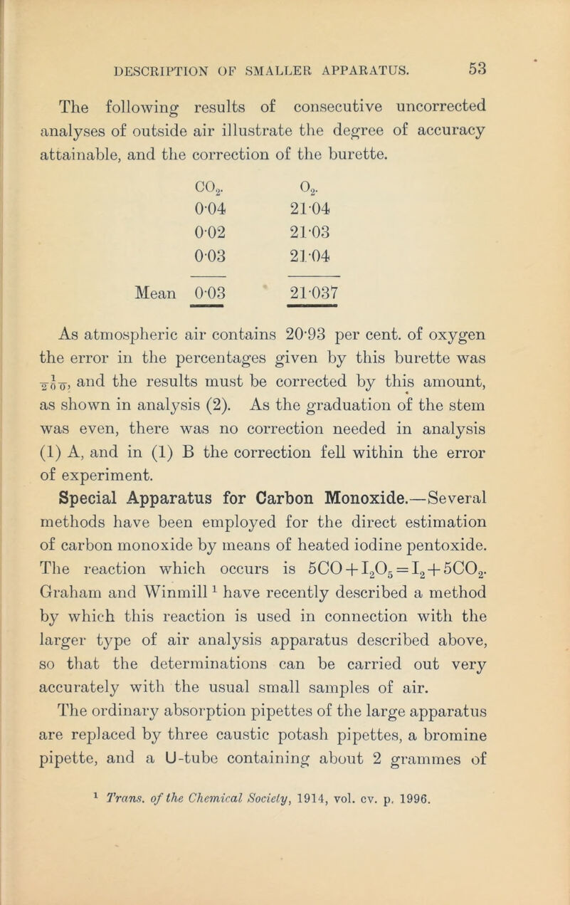 The following results of consecutive uncorrected analyses of outside air illustrate the degree of accuracy attainable, and the correction of the burette. co2. o2. 0-04 21-04 002 21-03 003 2T04 Mean 0-03 21037 As atmospheric air contains 2093 per cent, of oxygen the error in the percentages given by this burette was -2 0-o-j and the results must be corrected by this amount, as shown in analysis (2). As the graduation of the stem was even, there was no correction needed in analysis (1) A, and in (1) B the correction fell within the error of experiment. Special Apparatus for Carbon Monoxide.—Several methods have been employed for the direct estimation of carbon monoxide by means of heated iodine pentoxide. The reaction which occurs is 5C0 + I205 = I2 + 5C02. Graham and Winmill1 have recently described a method by which this reaction is used in connection with the larger type of air analysis apparatus described above, so that the determinations can be carried out very accurately with the usual small samples of air. The ordinary absorption pipettes of the large apparatus are replaced by three caustic potash pipettes, a bromine pipette, and a U-tube containing about 2 grammes of 1 Trans, of the Chemical Society, 1914, vol. cv. p, 1996.