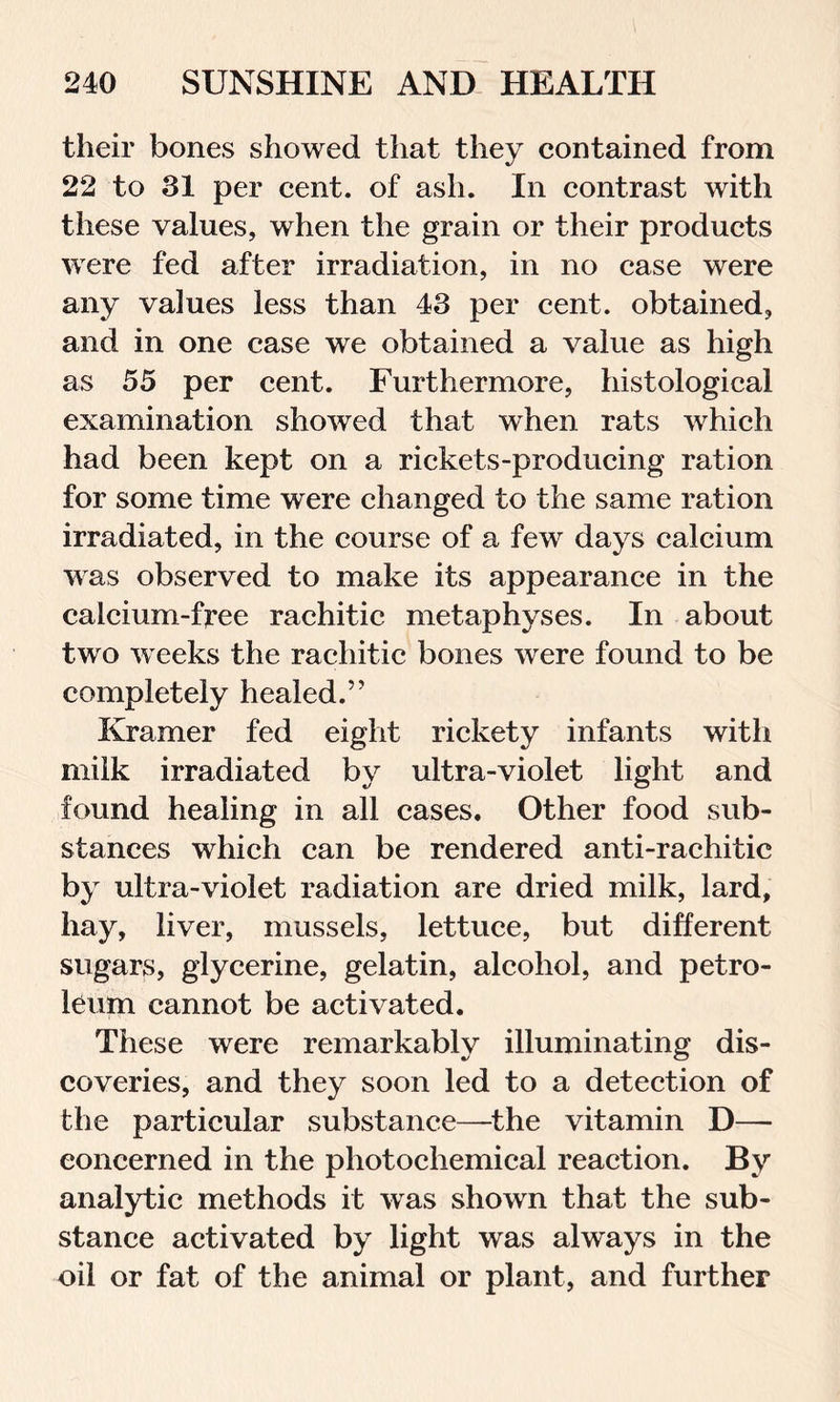 their bones showed that they contained from 22 to 31 per cent, of ash. In contrast with these values, when the grain or their products were fed after irradiation, in no case were any values less than 43 per cent, obtained, and in one case we obtained a value as high as 55 per cent. Furthermore, histological examination showed that when rats which had been kept on a rickets-producing ration for some time were changed to the same ration irradiated, in the course of a few days calcium was observed to make its appearance in the calcium-free rachitic metaphyses. In about two weeks the rachitic bones were found to be completely healed.” Kramer fed eight rickety infants with milk irradiated by ultra-violet light and found healing in all cases. Other food sub- stances which can be rendered anti-rachitic by ultra-violet radiation are dried milk, lard, hay, liver, mussels, lettuce, but different sugars, glycerine, gelatin, alcohol, and petro- leum cannot be activated. These were remarkably illuminating dis- coveries, and they soon led to a detection of the particular substance—the vitamin D— concerned in the photochemical reaction. By analytic methods it was shown that the sub- stance activated by light was always in the oil or fat of the animal or plant, and further