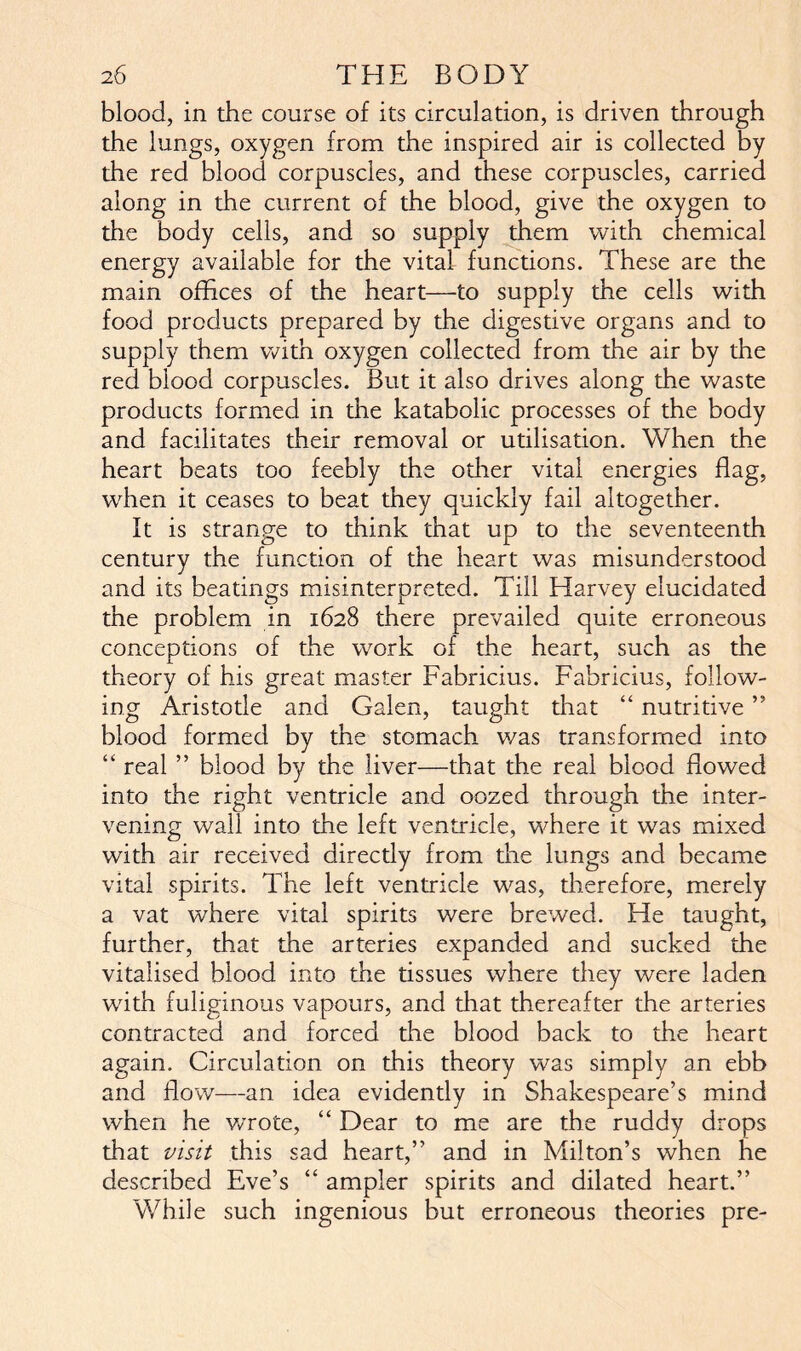 blood, in the course of its circulation, is driven through the lungs, oxygen from the inspired air is collected by the red blood corpuscles, and these corpuscles, carried along in the current of the blood, give the oxygen to the body cells, and so supply them with chemical energy available for the vital functions. These are the main offices of the heart—to supply the cells with food products prepared by the digestive organs and to supply them with oxygen collected from the air by the red blood corpuscles. But it also drives along the waste products formed in the katabolic processes of the body and facilitates their removal or utilisation. When the heart beats too feebly the other vital energies flag, when it ceases to beat they quickly fail altogether. It is strange to think that up to the seventeenth century the function of the heart was misunderstood and its beatings misinterpreted. Till Harvey elucidated the problem in 1628 there prevailed quite erroneous conceptions of the work of the heart, such as the theory of his great master Fabricius. Fahricius, follow- ing Aristotle and Galen, taught that “ nutritive ” blood formed by the stomach was transformed into “ real ” blood by the liver—that the real blood flowed into the right ventricle and oozed through the inter- vening wall into the left ventricle, where it was mixed with air received direcdy from the lungs and became vital spirits. The left ventricle was, therefore, merely a vat where vital spirits were brewed. He taught, further, that the arteries expanded and sucked the vitalised blood into the tissues where they were laden with fuliginous vapours, and that thereafter the arteries contracted and forced the blood back to the heart again. Circulation on this theory was simply an ebb and flow—an idea evidently in Shakespeare’s mind when he wrote, “ Dear to me are the ruddy drops that visit this sad heart,” and in Milton’s when he described Eve’s “ ampler spirits and dilated heart.” While such ingenious but erroneous theories pre-