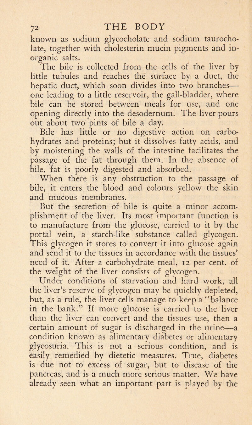 known as sodium glycocholate and sodium taurocho- late, together with cholesterin mucin pigments and in- organic salts. The bile is collected from the cells of the liver by little tubules and reaches the surface by a duct, the hepatic duct, which soon divides into two branches— one leading to a little reservoir, the gall-bladder, where bile can be stored between meals for use, and one opening directly into the desodernum. The liver pours out about two pints of bile a day. Bile has little or no digestive action on carbo- hydrates and proteins; but it dissolves fatty acids, and by moistening the walls of the intestine facilitates the passage of the fat through them. In the absence of bile, fat is poorly digested and absorbed. When there is any obstruction to the passage of bile, it enters the blood and colours yellow the skin and mucous membranes. But the secretion of bile is quite a minor accom- plishment of the liver. Its most important function is to manufacture from the glucose, carried to it by the portal vein, a starch-like substance called glycogen. This glycogen it stores to convert it into glucose again and send it to the tissues in accordance with the tissues’ need of it. After a carbohydrate meal, 12 per cent, of the weight of the liver consists of glycogen. Under conditions of starvation and hard work, all the liver’s reserve of glycogen may be quickly depleted, but, as a rule, the liver cells manage to keep a “balance in the bank.” If more glucose is carried to the liver than the liver can convert and the tissues use, then a certain amount of sugar is discharged in the urine—a condition known as alimentary diabetes or alimentary glycosuria. This is not a serious condition, and is easily remedied by dietetic measures. True, diabetes is due not to excess of sugar, but to disease of the pancreas, and is a much more serious matter. We have already seen what an important part is played by the