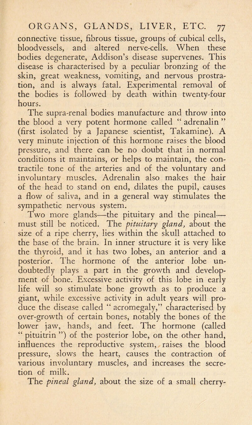 connective tissue, fibrous tissue, groups of cubical cells, bloodvessels, and altered nerve-cells. When these bodies degenerate, Addison’s disease supervenes. This disease is characterised by a peculiar bronzing of the skin, great weakness, vomiting, and nervous prostra- tion, and is always fatal. Experimental removal of the bodies is followed by death within twenty-four hours. The supra-renal bodies manufacture and throw into the blood a very potent hormone called “ adrenalin ” (first isolated by a Japanese scientist, Takamine). A very minute injection of this hormone raises the blood pressure, and there can be no doubt that in normal conditions it maintains, or helps to maintain, the con- tractile tone of the arteries and of the voluntary and involuntary muscles. Adrenalin also makes the hair of the head to stand on end, dilates the pupil, causes a flow of saliva, and in a general way stimulates the sympathetic nervous system. Two more glands—the pituitary and the pineal— must still be noticed. The pituitary gland, about the size of a ripe cherry, lies within the skull attached to the base of the brain. In inner structure it is very like the thyroid, and it has two lobes, an anterior and a posterior. The hormone of the anterior lobe un- doubtedly plays a part in the growth and develop- ment of bone. Excessive activity of this lobe in early life will so stimulate bone growth as to produce a giant, while excessive activity in adult years will pro- duce the disease called “ acromegaly,” characterised by over-growth of certain bones, notably the bones of the lower jaw, hands, and feet. The hormone (called “ pituitrin ”) of the posterior lobe, on the other hand, influences the reproductive system, raises the blood pressure, slows the heart, causes the contraction of various involuntary muscles, and increases the secre- tion of milk. The pineal gland, about the size of a small cherry-