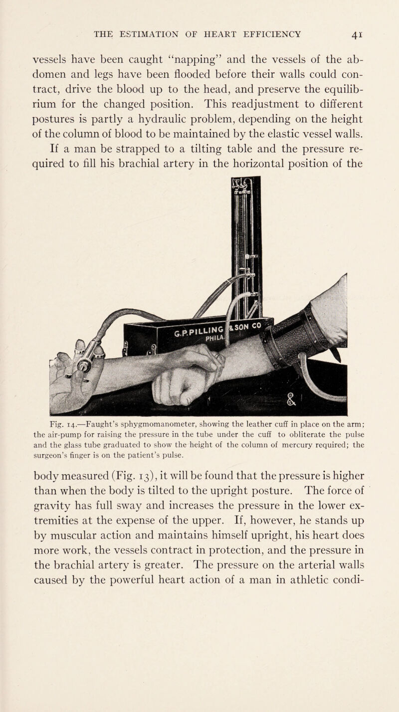 vessels have been caught “napping” and the vessels of the ab- domen and legs have been flooded before their walls could con- tract, drive the blood up to the head, and preserve the equilib- rium for the changed position. This readjustment to different postures is partly a hydraulic problem, depending on the height of the column of blood to be maintained by the elastic vessel walls. If a man be strapped to a tilting table and the pressure re- quired to fill his brachial artery in the horizontal position of the Fig. 14.—Faught’s sphygmomanometer, showing the leather cuff in place on the arm; the air-pump for raising the pressure in the tube under the cuff to obliterate the pulse and the glass tube graduated to show the height of the column of mercury required; the surgeon’s finger is on the patient’s pulse. body measured (Fig. 13), it will be found that the pressure is higher than when the body is tilted to the upright posture. The force of gravity has full sway and increases the pressure in the lower ex- tremities at the expense of the upper. If, however, he stands up by muscular action and maintains himself upright, his heart does more work, the vessels contract in protection, and the pressure in the brachial artery is greater. The pressure on the arterial walls caused by the powerful heart action of a man in athletic condi-