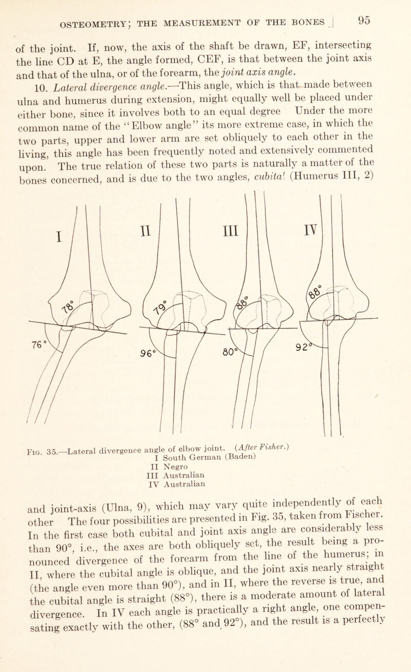 of the joint. If, now, the axis of the shaft be drawn, EF, intersecting the line CD at E, the angle formed, CEF, is that between the joint axis and that of the ulna, or of the forearm, the joint axis angle. 10. Lateral divergence angle.—This angle, which is that made between ulna and humerus during extension, might equally well be placed under either bone, since it involves both to an equal degiee Under the more common name of the “Elbow angle” its more extreme case, in which the two parts, upper and lower arm are set obliquely to each other in the living, this angle has been frequently noted and extensively commented upon. The true relation of these two parts is naturally a matter of the bones concerned, and is due to the two angles, cubital (Humeius III, 2) II Negro III Australian IV Australian and joint-axis (Ulna, 9), which may vary quite independently of eac other The four possibilities are presented in Fig. 35, taken from Fisehei. In the first ease both cubital and joint axis angle are considera y ess than 90° i.e., the axes are both obliquely set, the result being a pro- nounced’divergence of the forearm from the line of the humerus; m II where the cubital angle is oblique, and the joint axis nearly straight (the angle even more than 90°), and in II, where the reverse is true and the cubital angle is straight (88°), there is a moderate amount of lateral divergence. In IV each angle is practically a right angle one comp sating exactly with the other, (88° and 92°), and the result is a perfectly